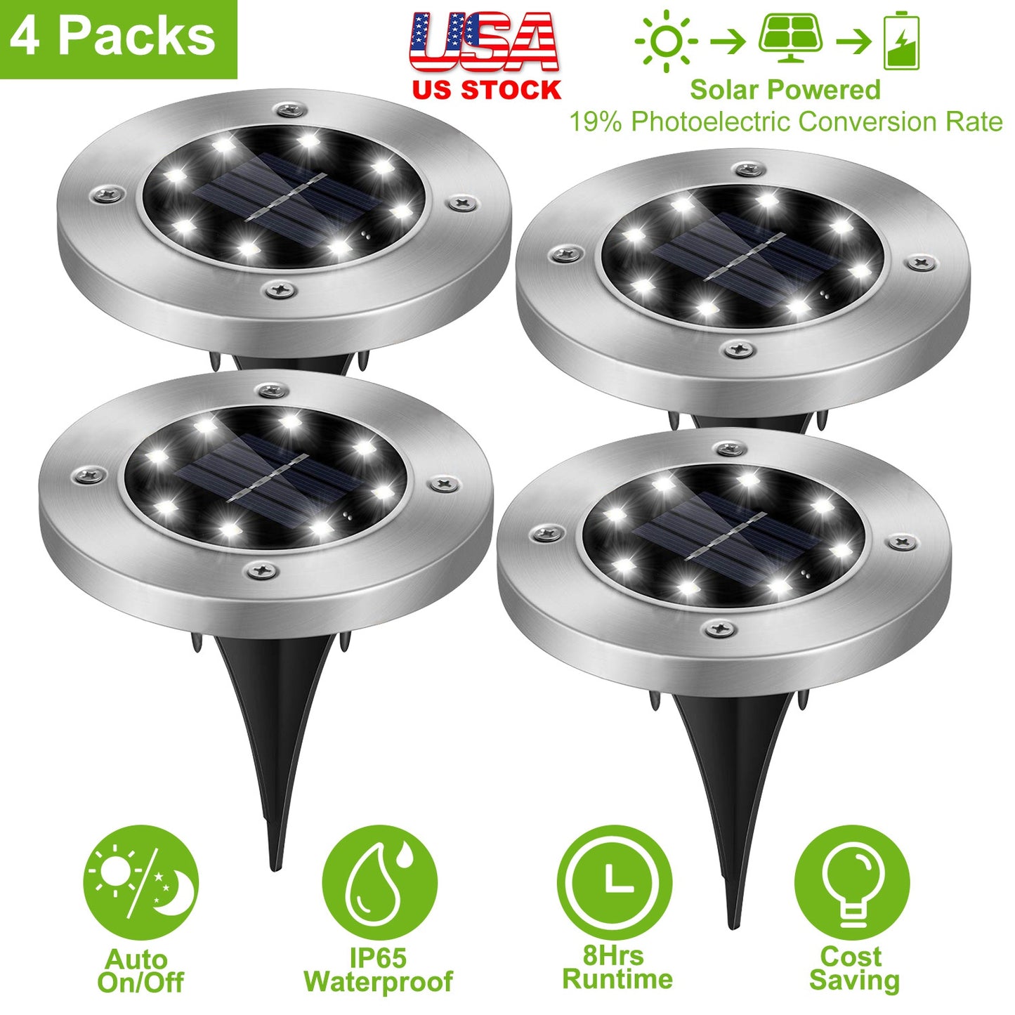 Solar Powered Ground Lights 4-Pack Waterproof Outdoor Path