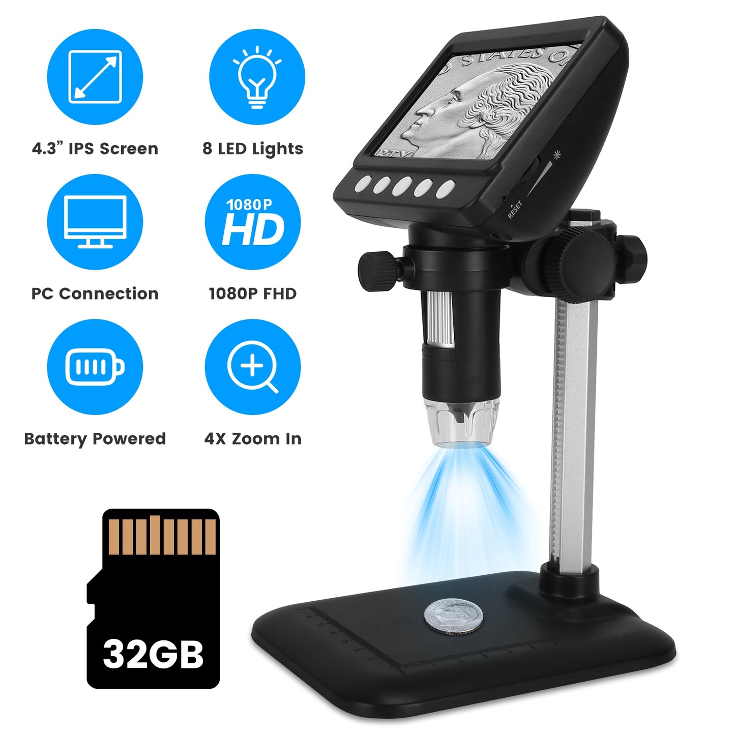 Digital Microscope 1000X with 4.3" LCD Screen and LED Lights