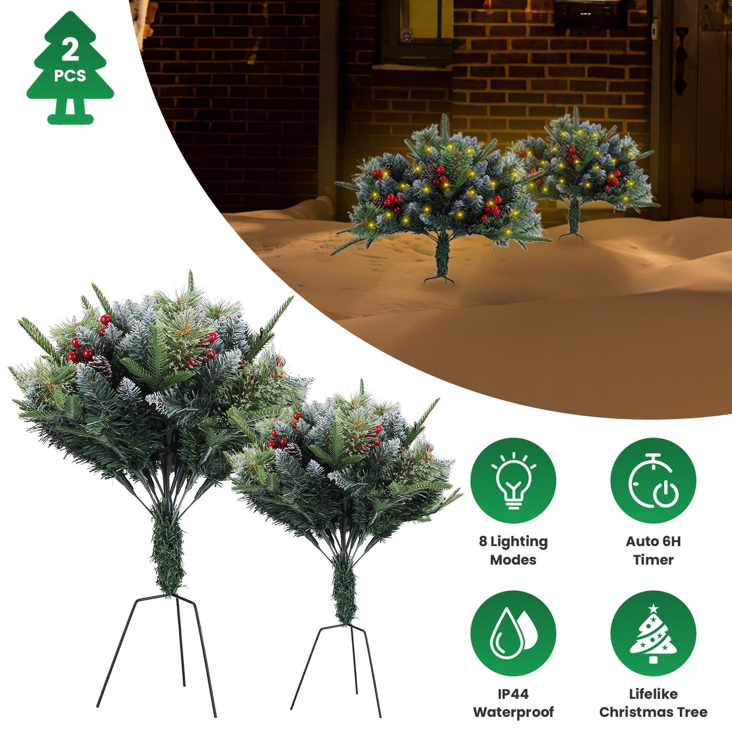 LED Christmas Tree Urn Filler with Lights and Timer - 2 Pack