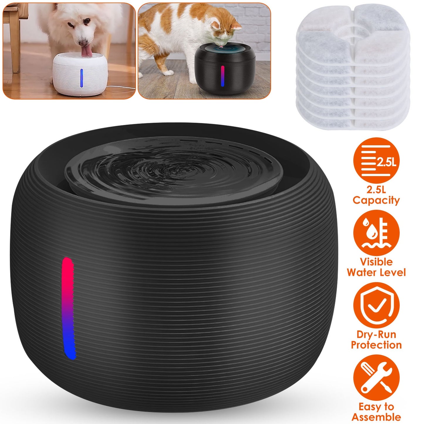 Pet Water Fountain with LED Light and Filters, 2.5L