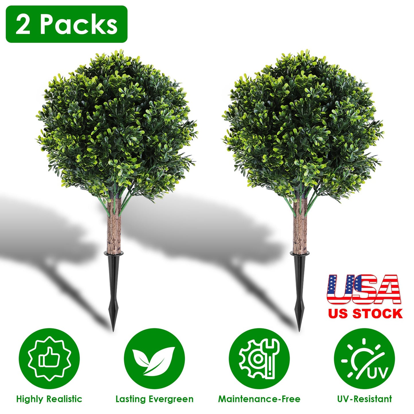 Artificial Boxwood Ball Topiary Tree with Ground Spike - 2 Pack
