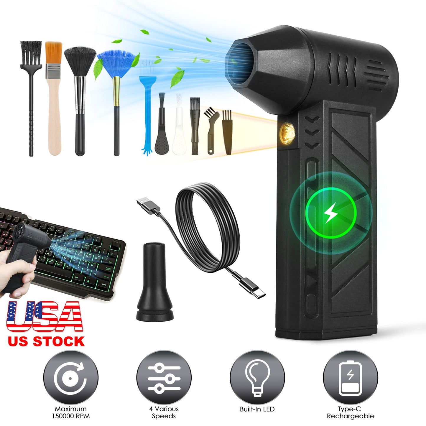 Compressed Air Duster with LED Light – 150000RPM Cordless