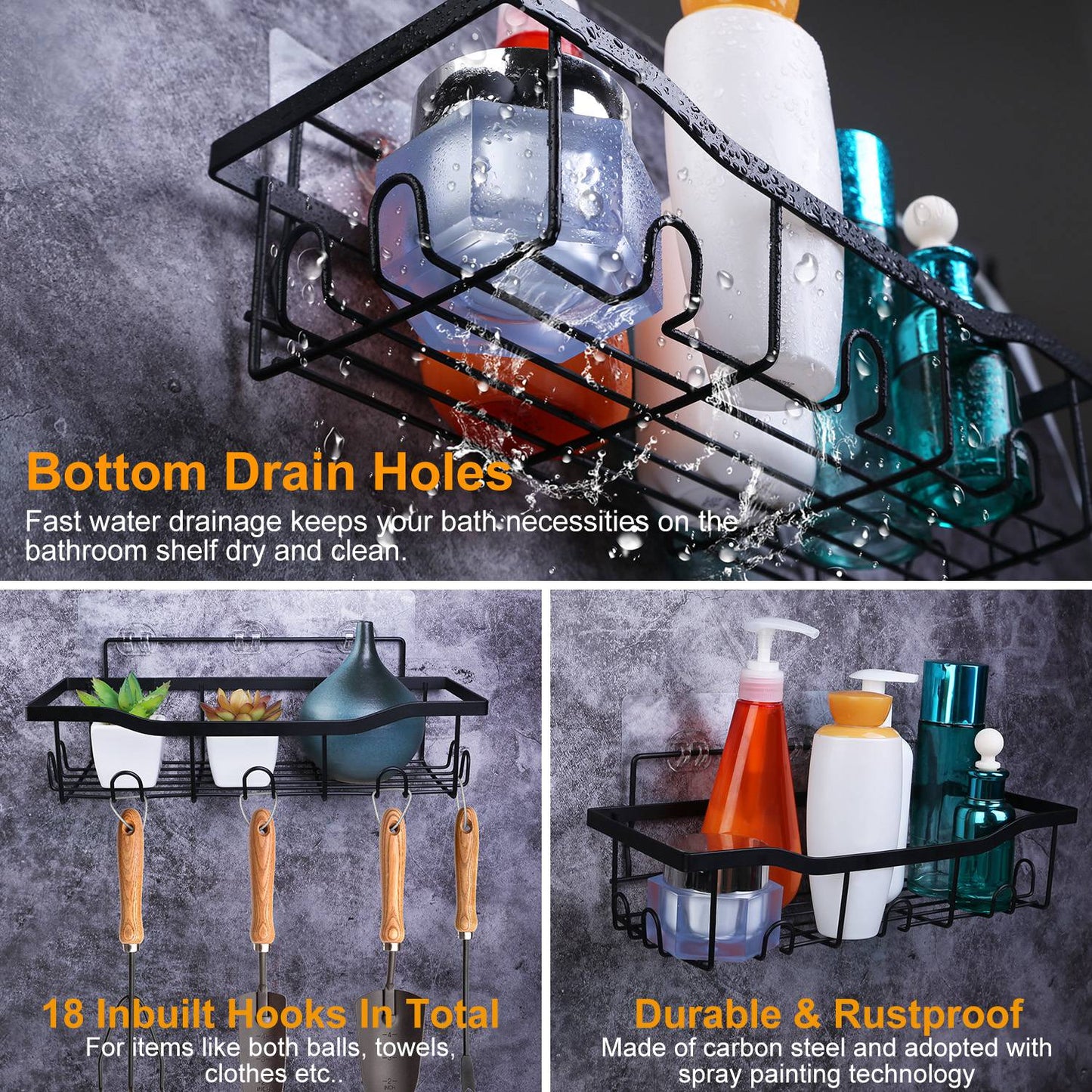 Shower Caddy 5-Piece Set with 18 Hooks - Adhesive Wall Mount