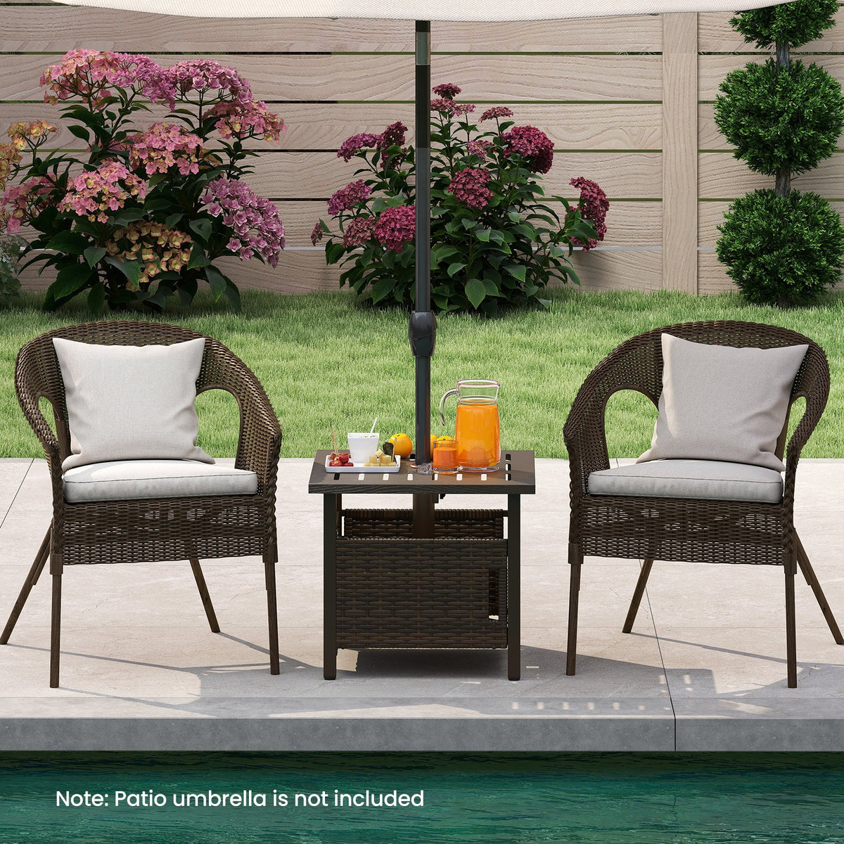 Outdoor Side Table with 1.93" Umbrella Hole All-Weather PE Wicker Patio Umbrella Table-Brown