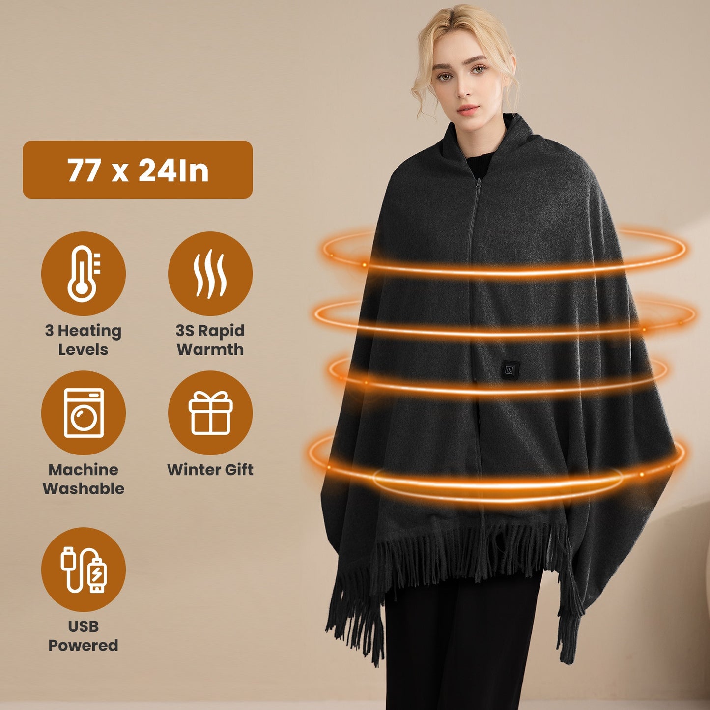 USB Heated Shawl with 3 Temperature Levels and Zipper