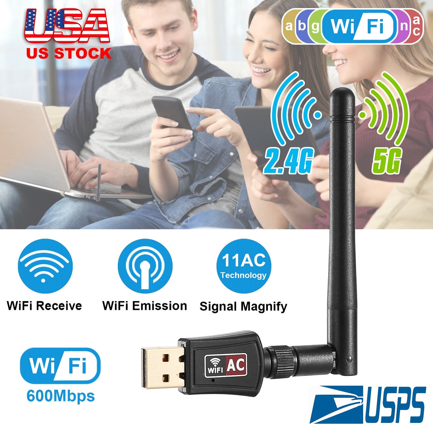 USB WiFi Adapter AC600 Dual Band with Rotating Antenna
