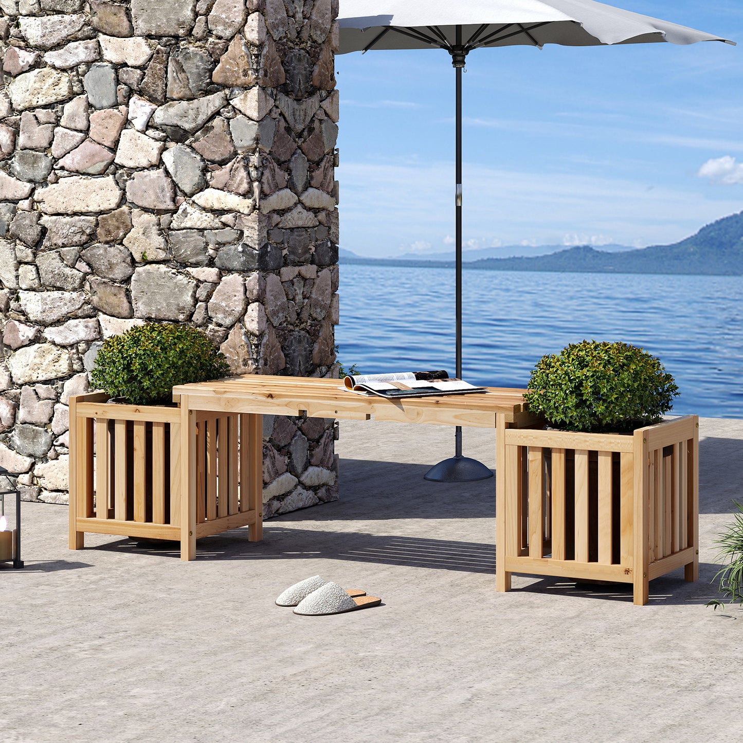 Wooden Bench with Planter Boxes - 2 Person Outdoor Seating