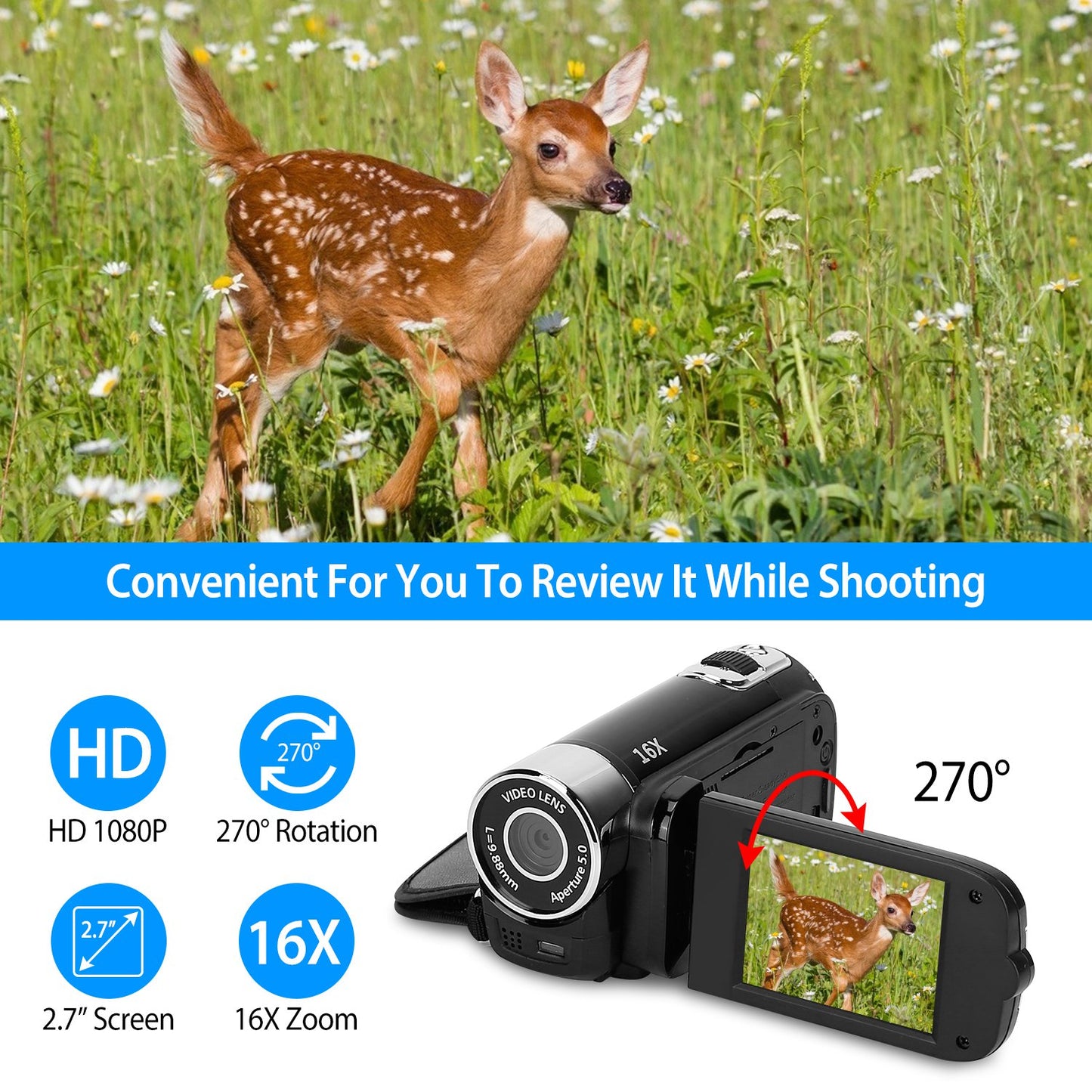 Digital Video Camcorder 1080P HD with 16X Zoom & Fill Light