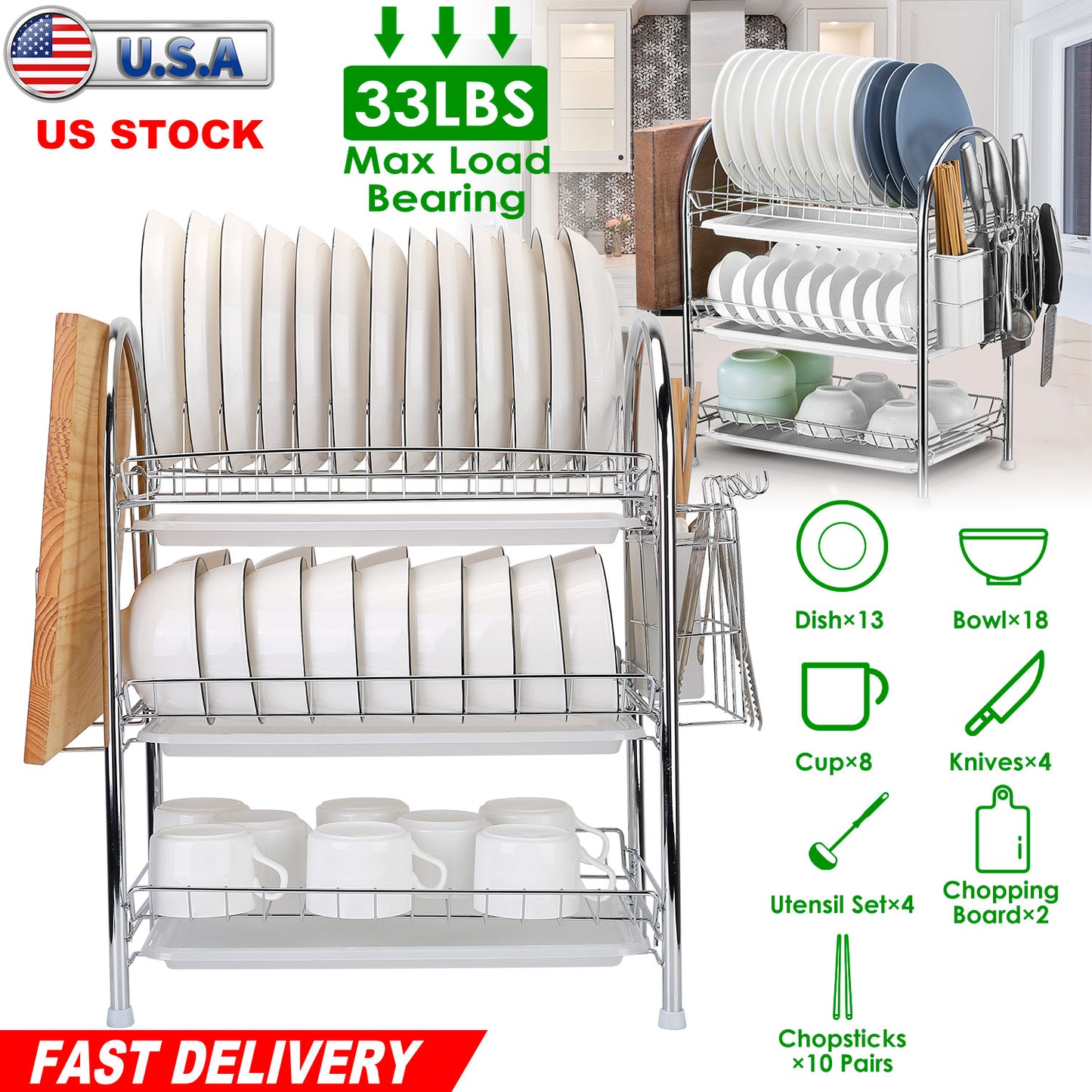 3-Tier Dish Drying Rack with Utensil Holder & Drain Trays