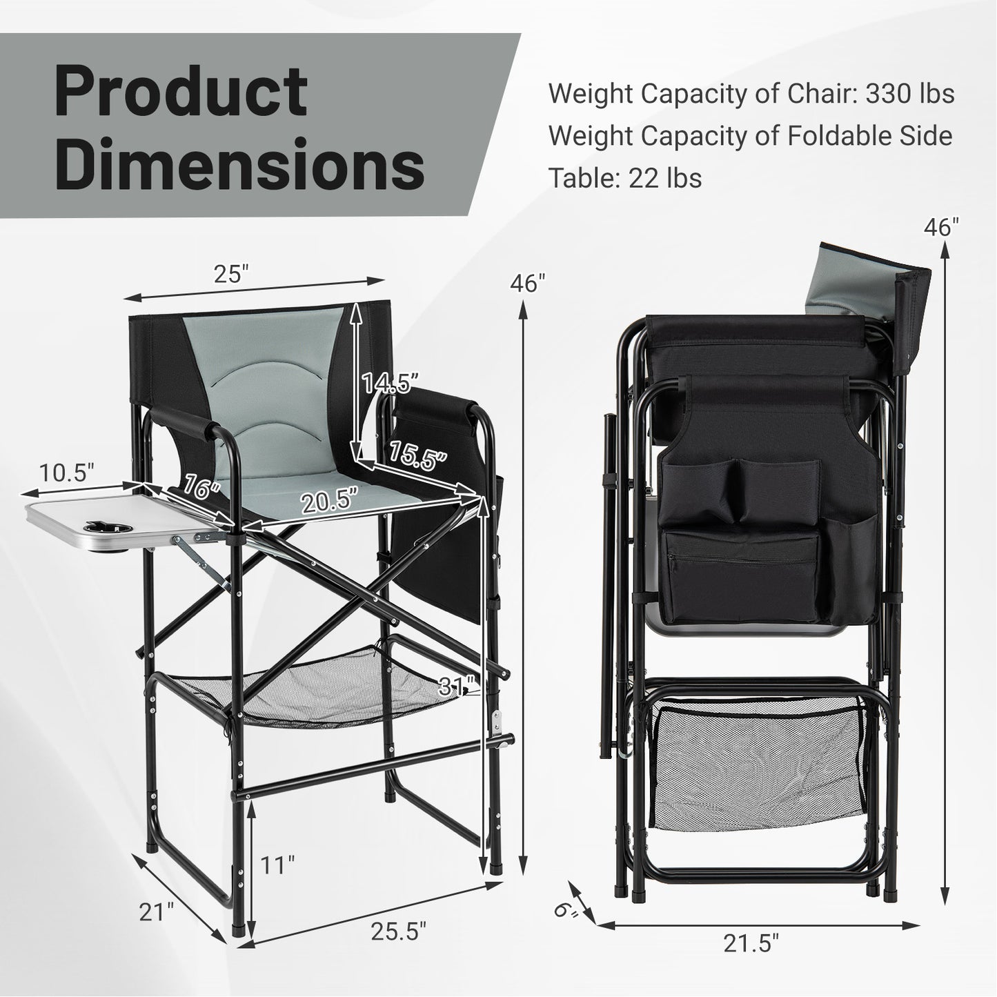 Tall Directors Chair with Foldable Side Table and Footrest