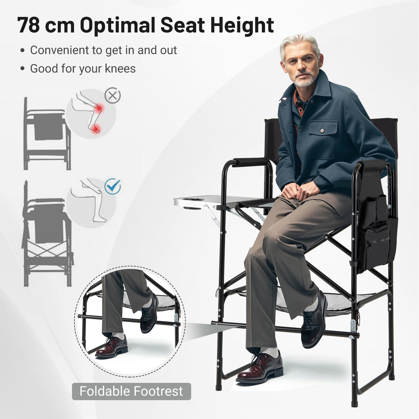 Tall Directors Chair with Foldable Side Table and Footrest