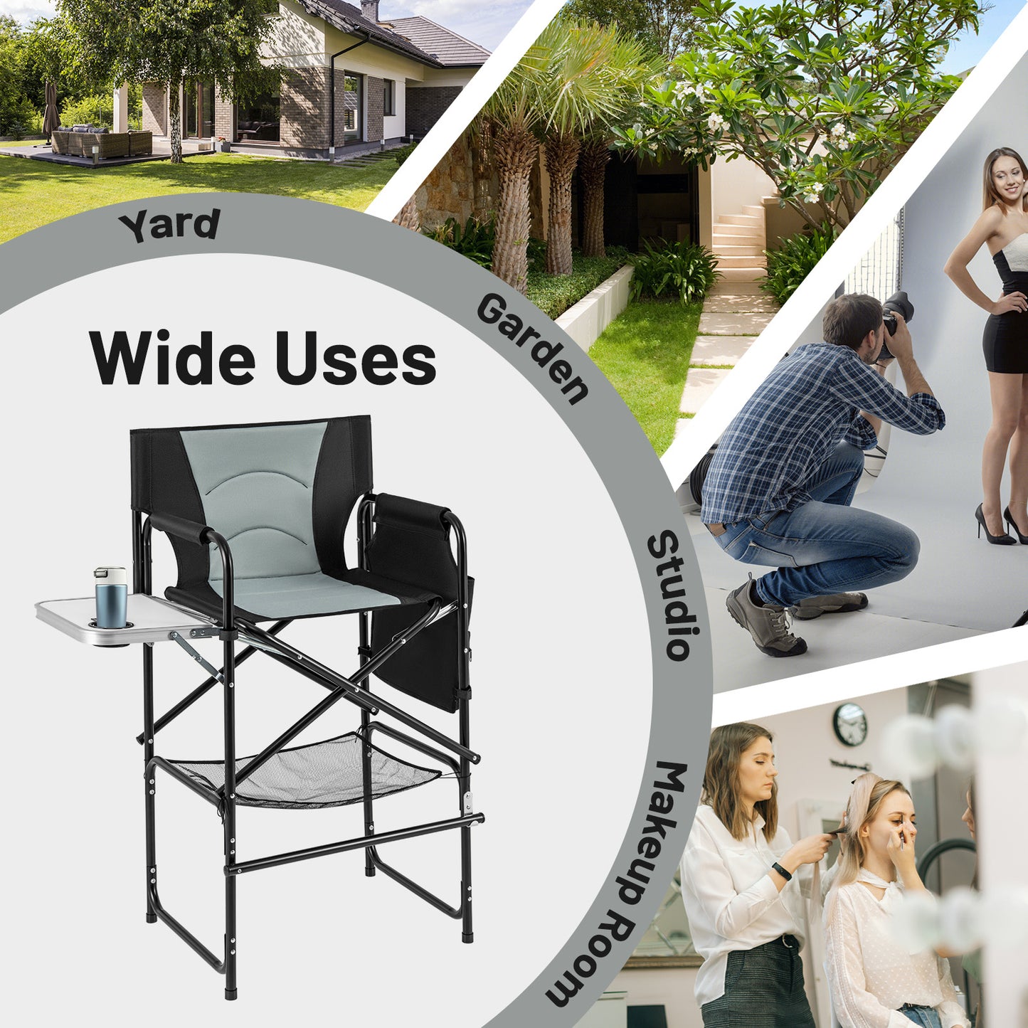 Tall Directors Chair with Foldable Side Table and Footrest