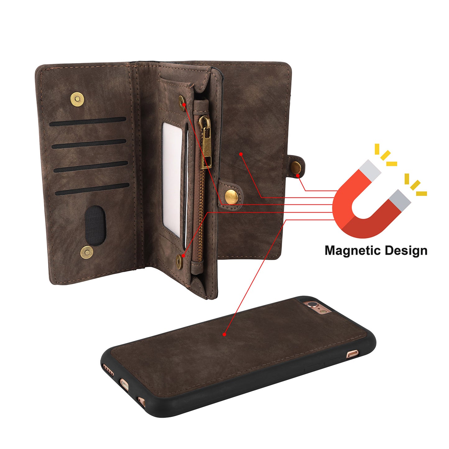iPhone 6s Wallet Case with Detachable Magnetic Cover - Brown