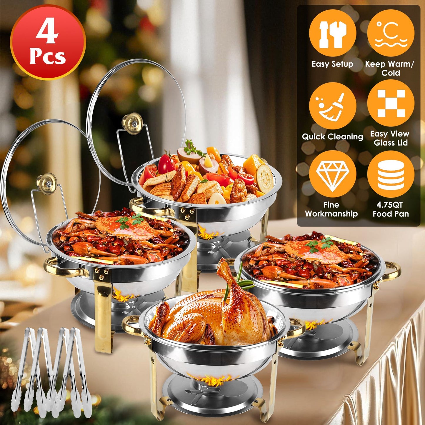 Chafing Dish Buffet Set 4-Pack 4.76QT Round Stainless Steel