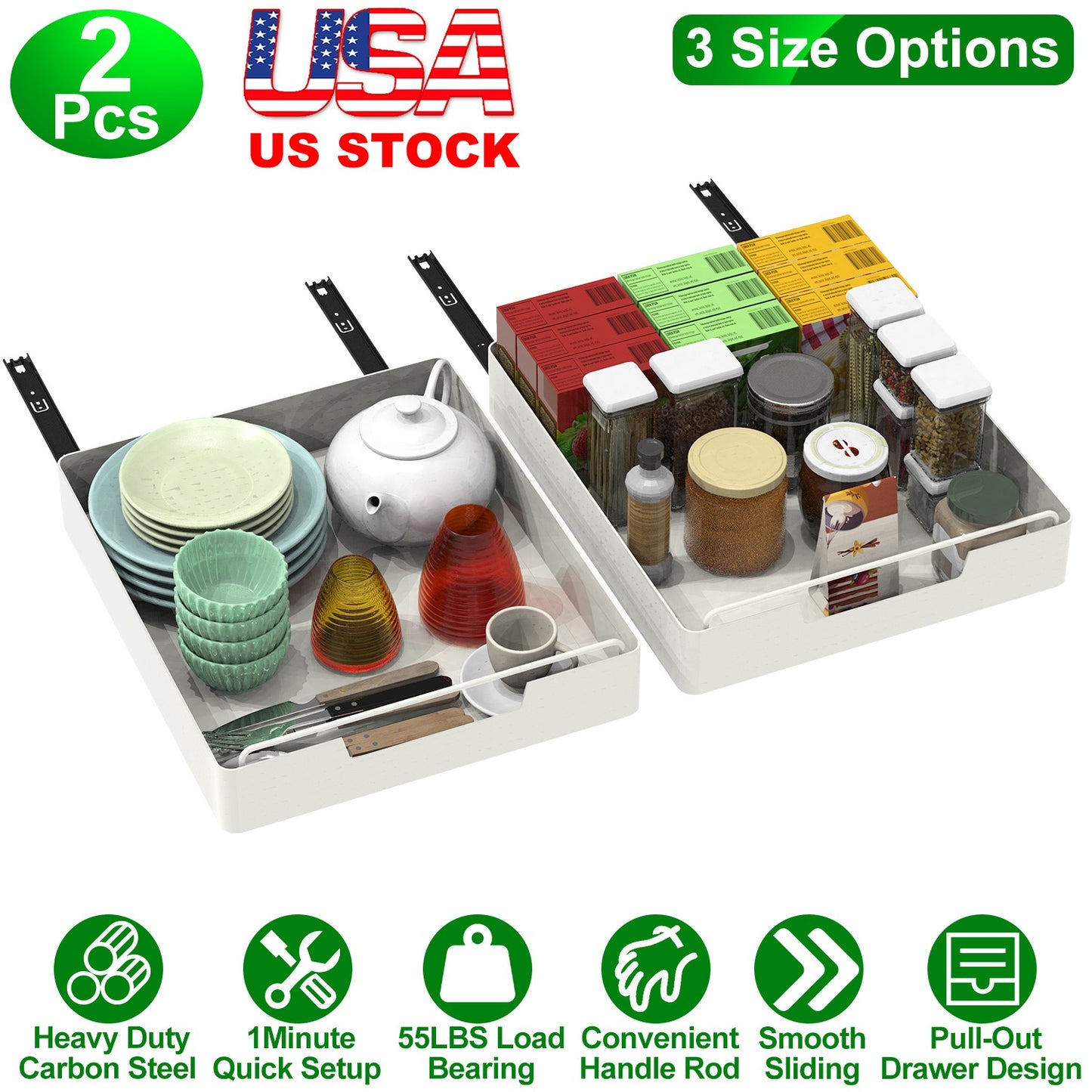 Pull Out Cabinet Organizers - 2 Pack Carbon Steel Sliding Drawers