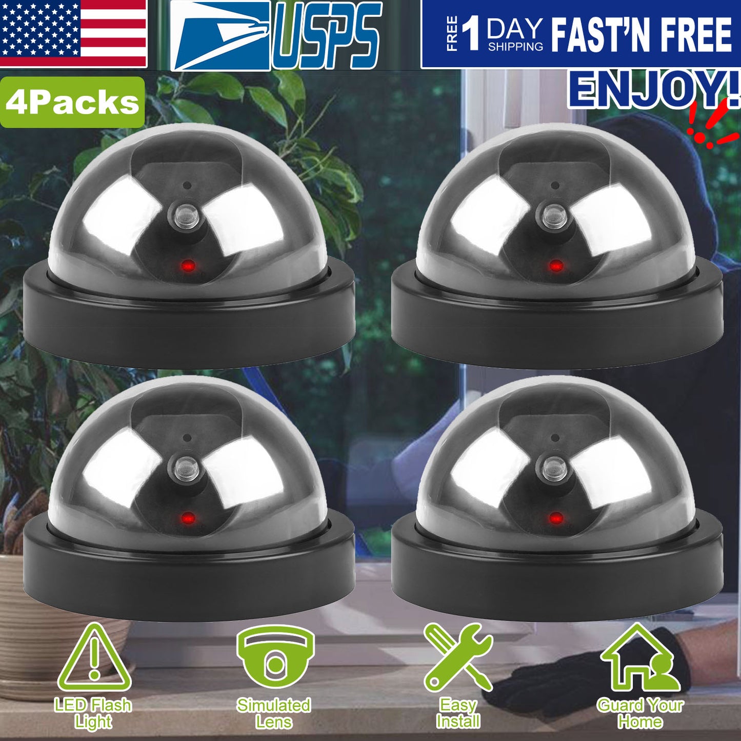 Dummy Security Camera Dome with Flashing LED Light (4-Pack)