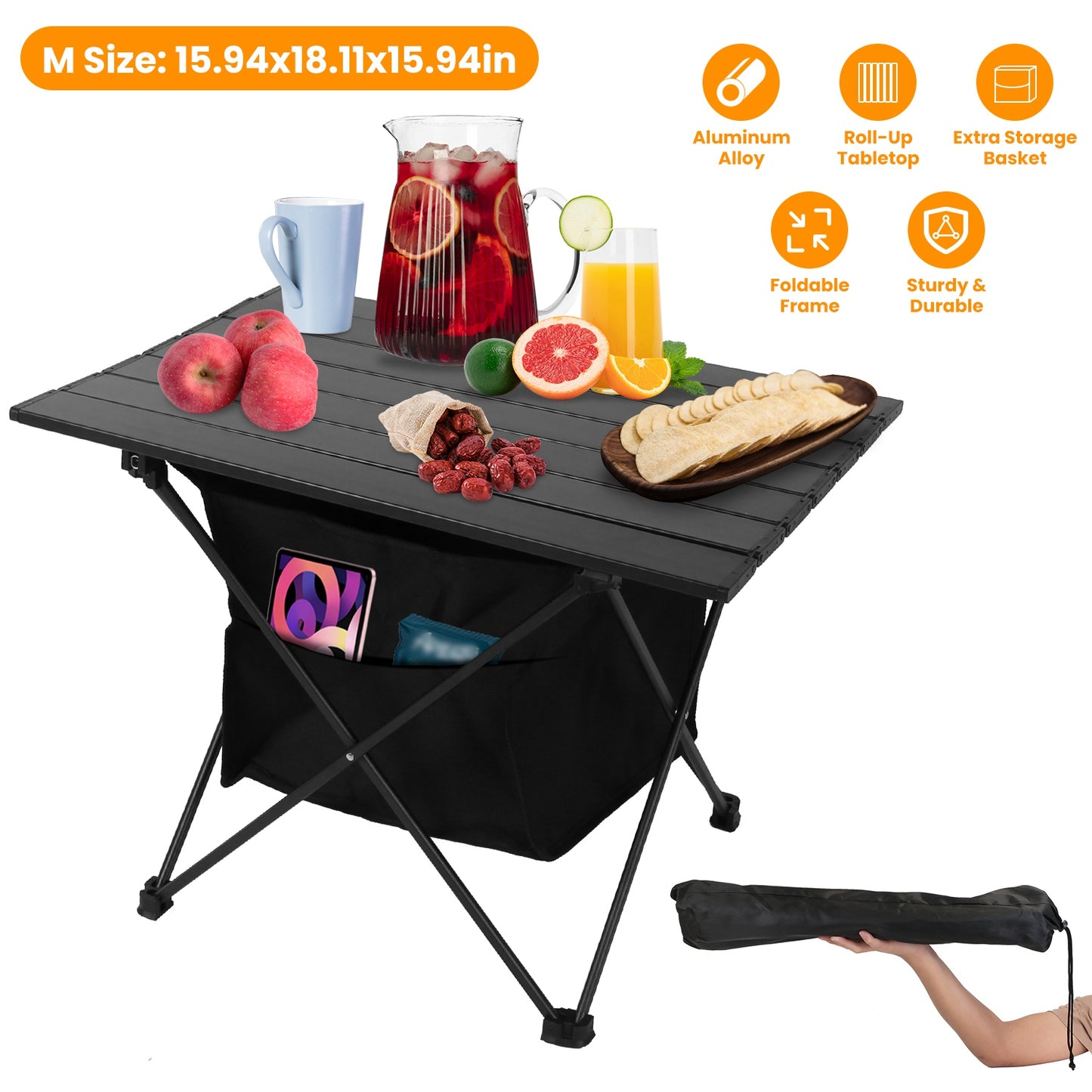 Foldable Camping Table with Storage Basket and Carrying Bag