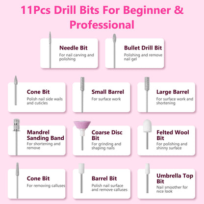 Electric Nail Drill Kit 45000 RPM with 11 Bits & LED Display