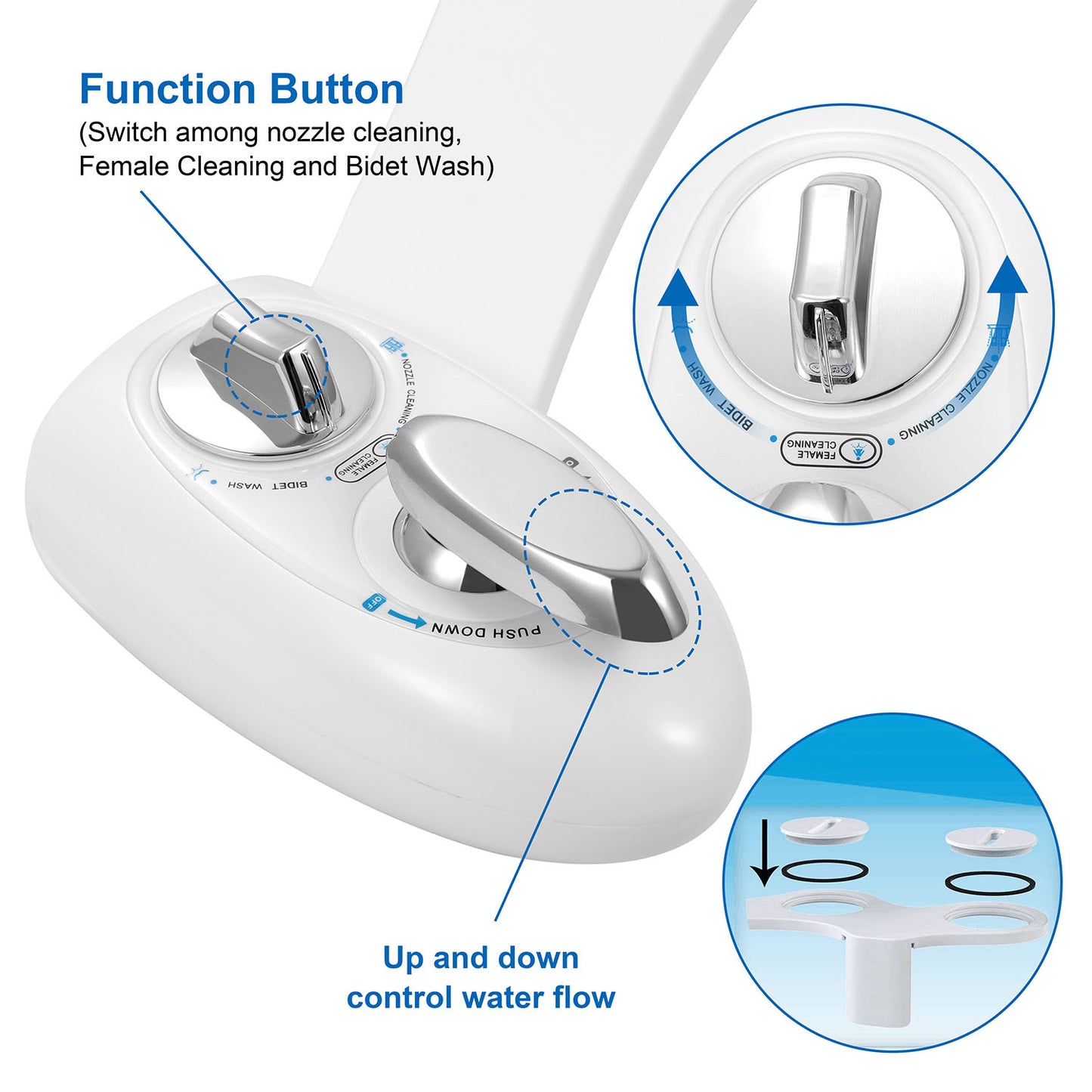 Non-Electric Bidet Attachment with Dual Nozzle Self-Cleaning