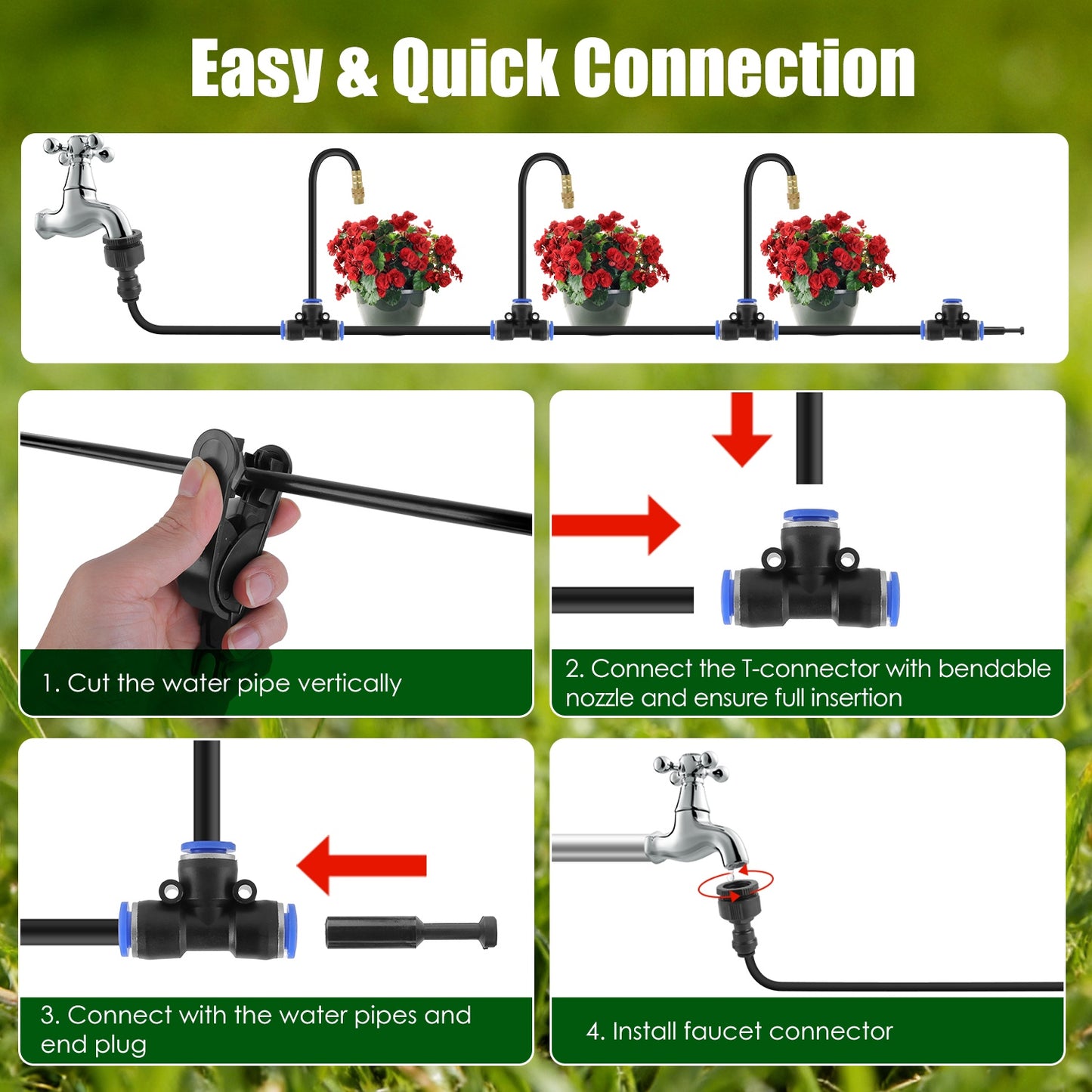 Drip Irrigation System with 49FT Hose & 360° Bendable Nozzles