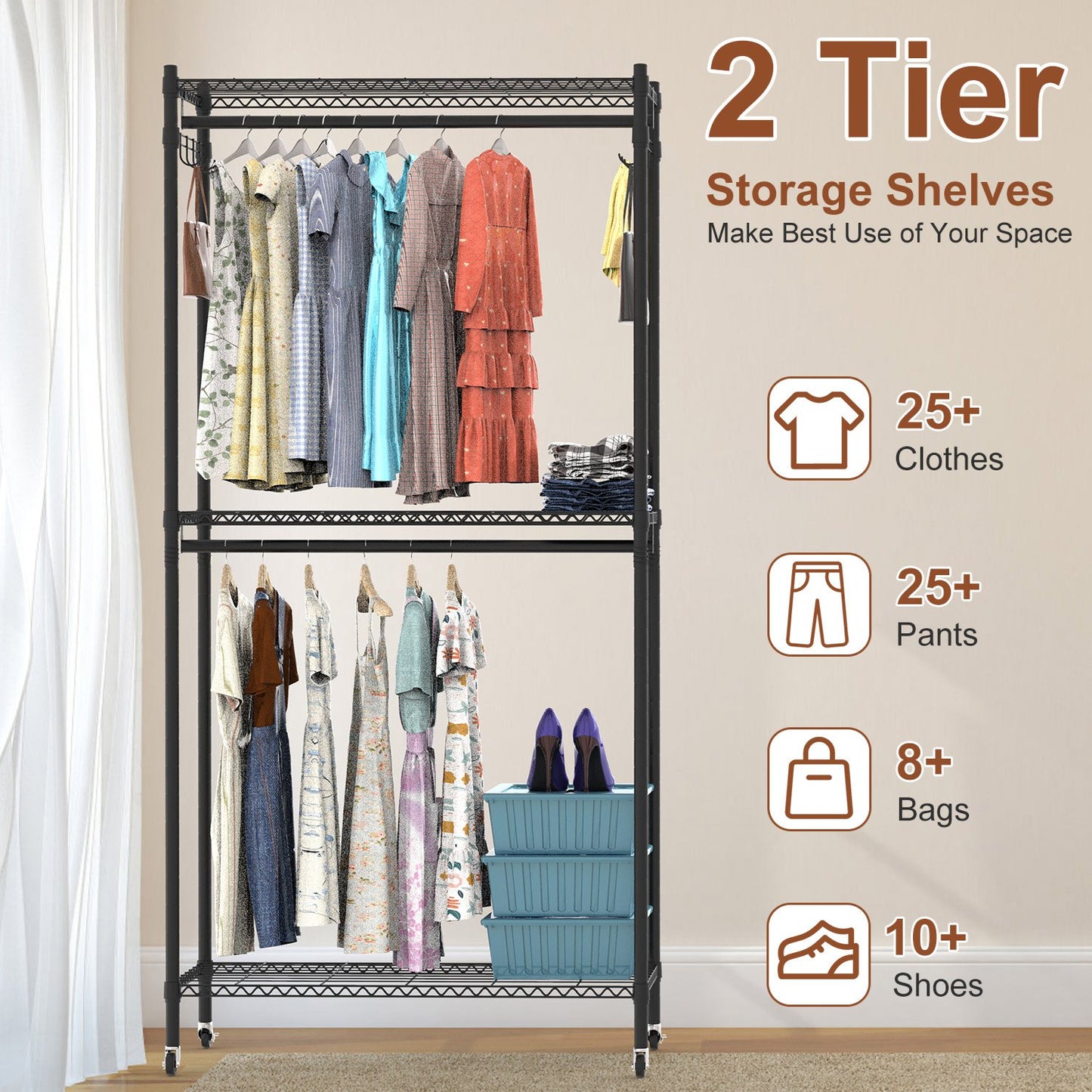 2-Tier Portable Clothing Rack with Cover and Wheels