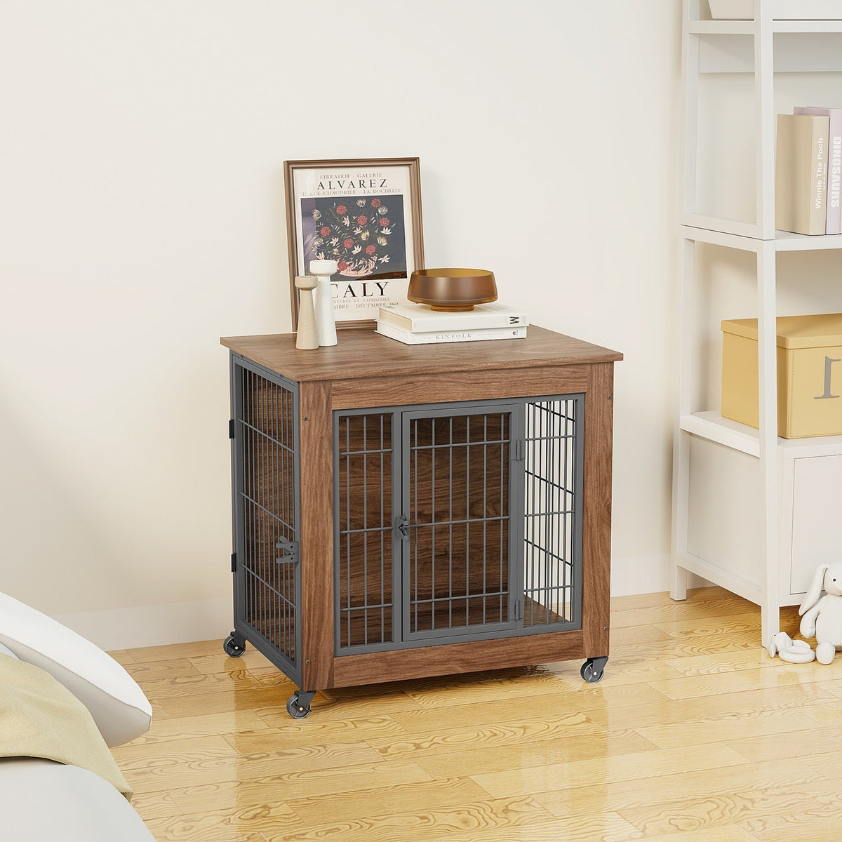 Dog Crate Furniture with Lockable Wheels & Dual Doors