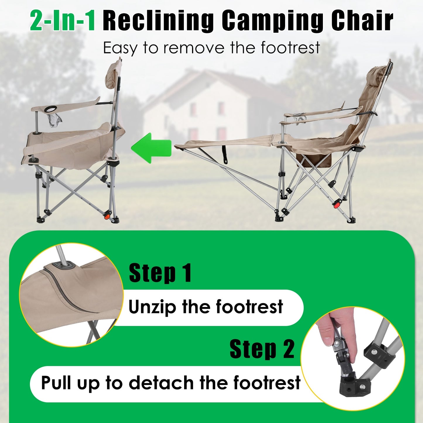 Reclining Camping Chair with Footrest - 4-Position Adjustable