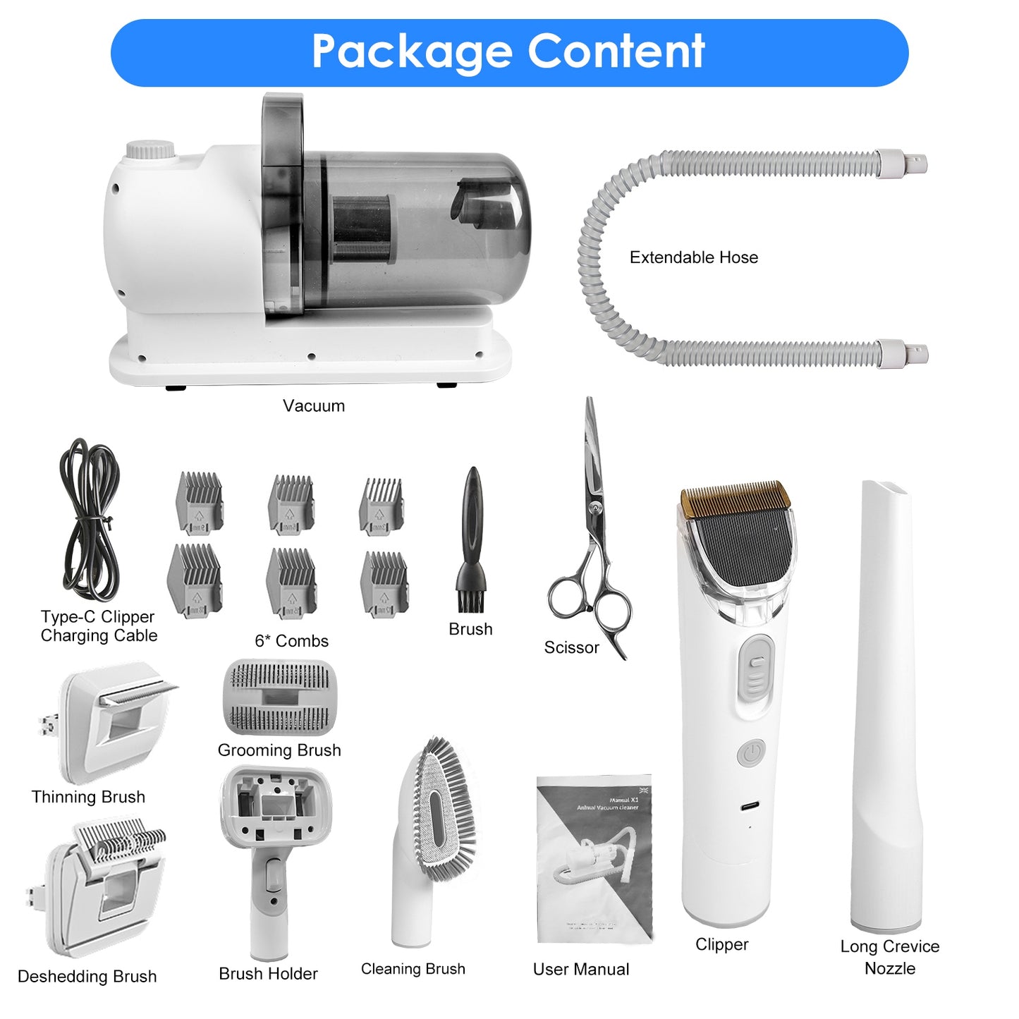 Pet Grooming Vacuum Kit with 7 Tools & 10000PA Suction