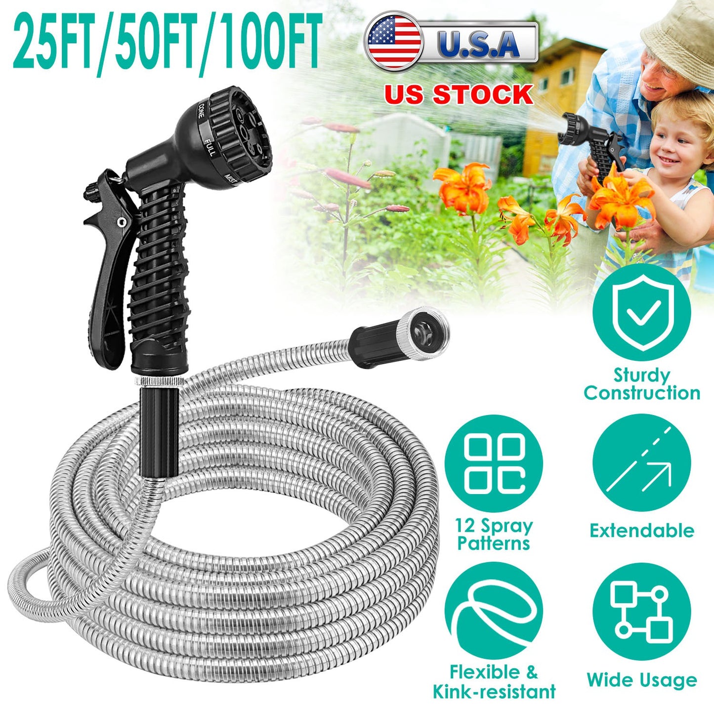 Stainless Steel Garden Hose with Dual Spray Nozzles