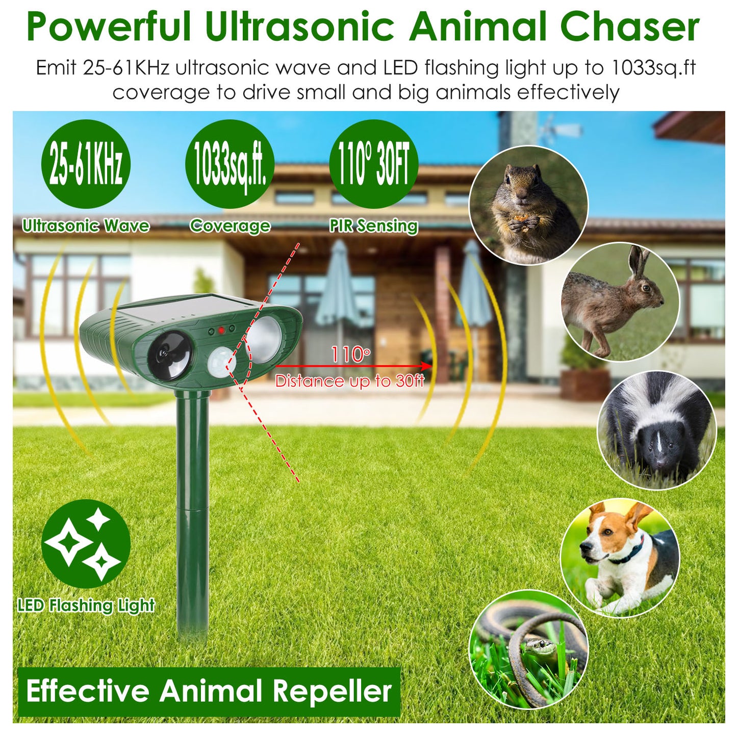 Solar Ultrasonic Animal Repeller with Motion Sensor & LED Light