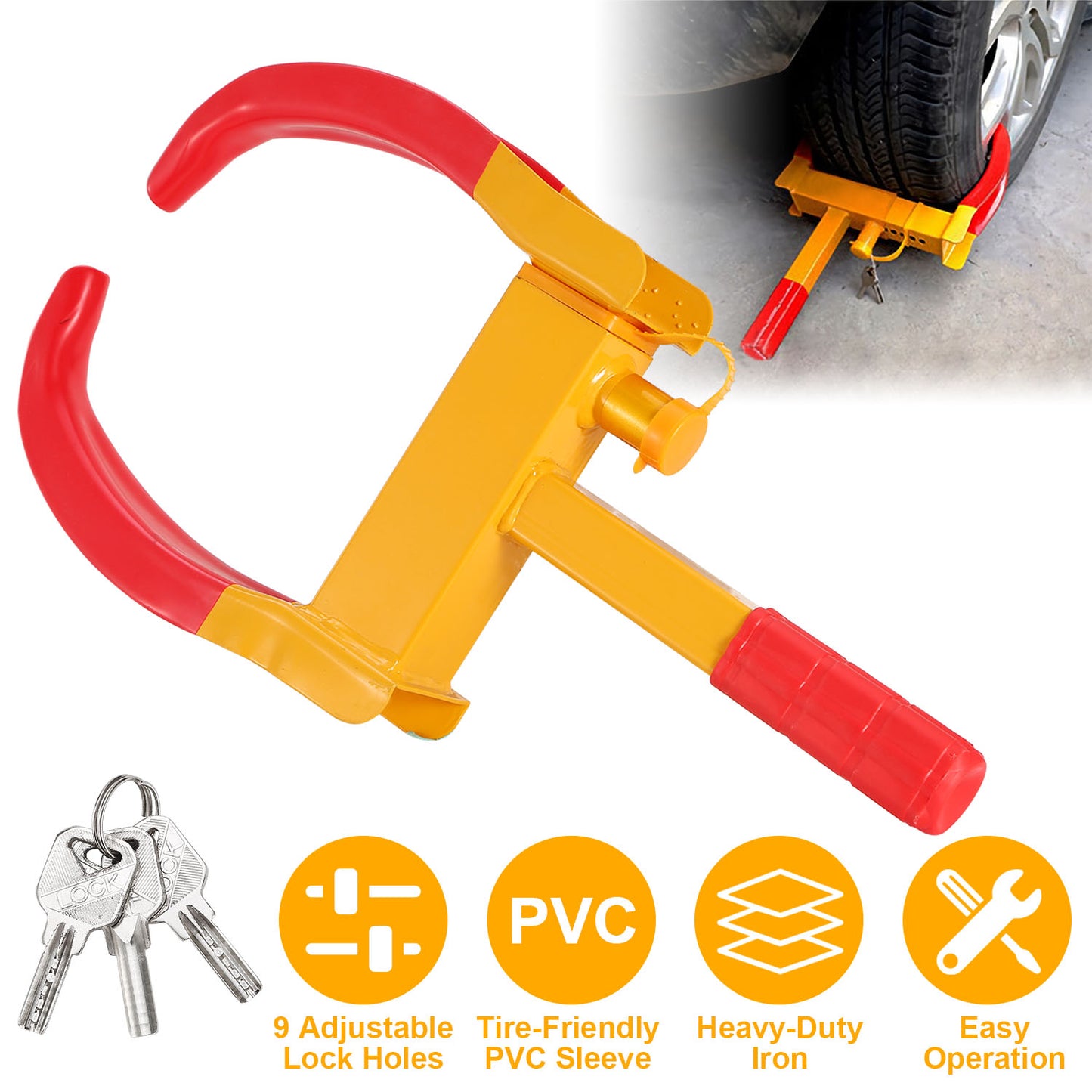 Heavy Duty Wheel Clamp Lock with 3 Keys - Adjustable Tire Lock
