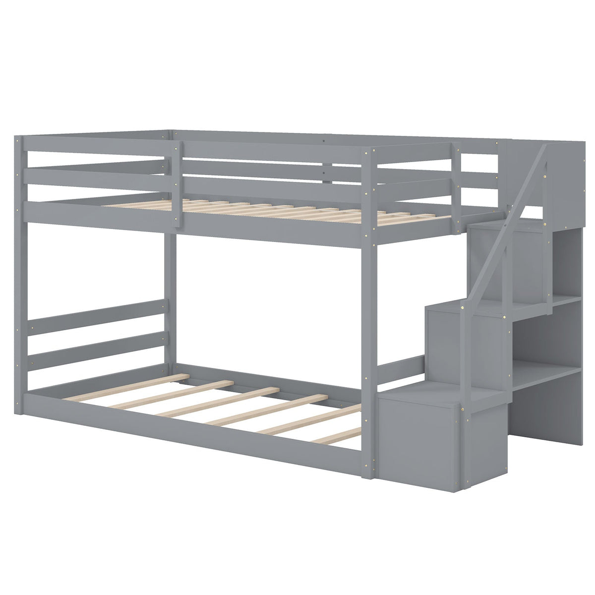 Twin Over Twin Low Bunk Bed with Storage Stairs Solid Wood Floor Bunk Bed Frame