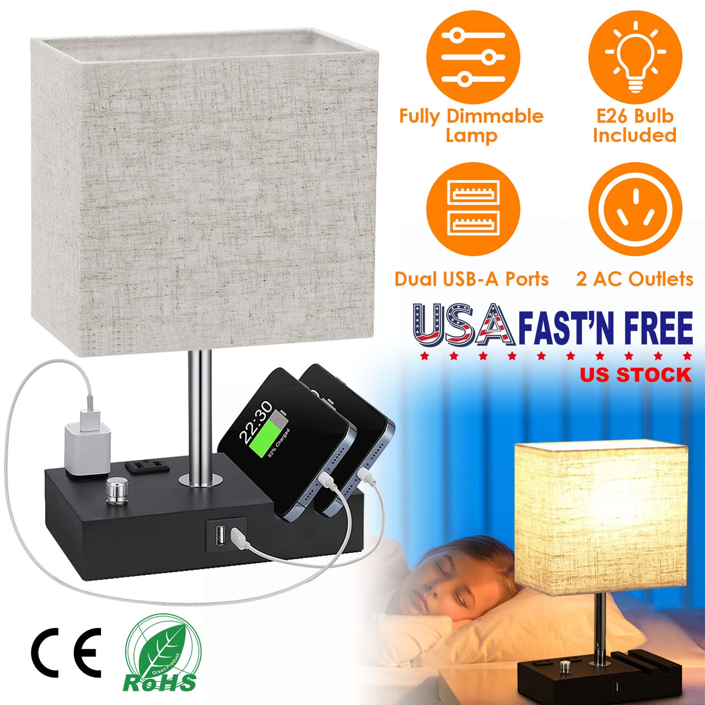 Dimmable Table Lamp with USB Ports and AC Outlets