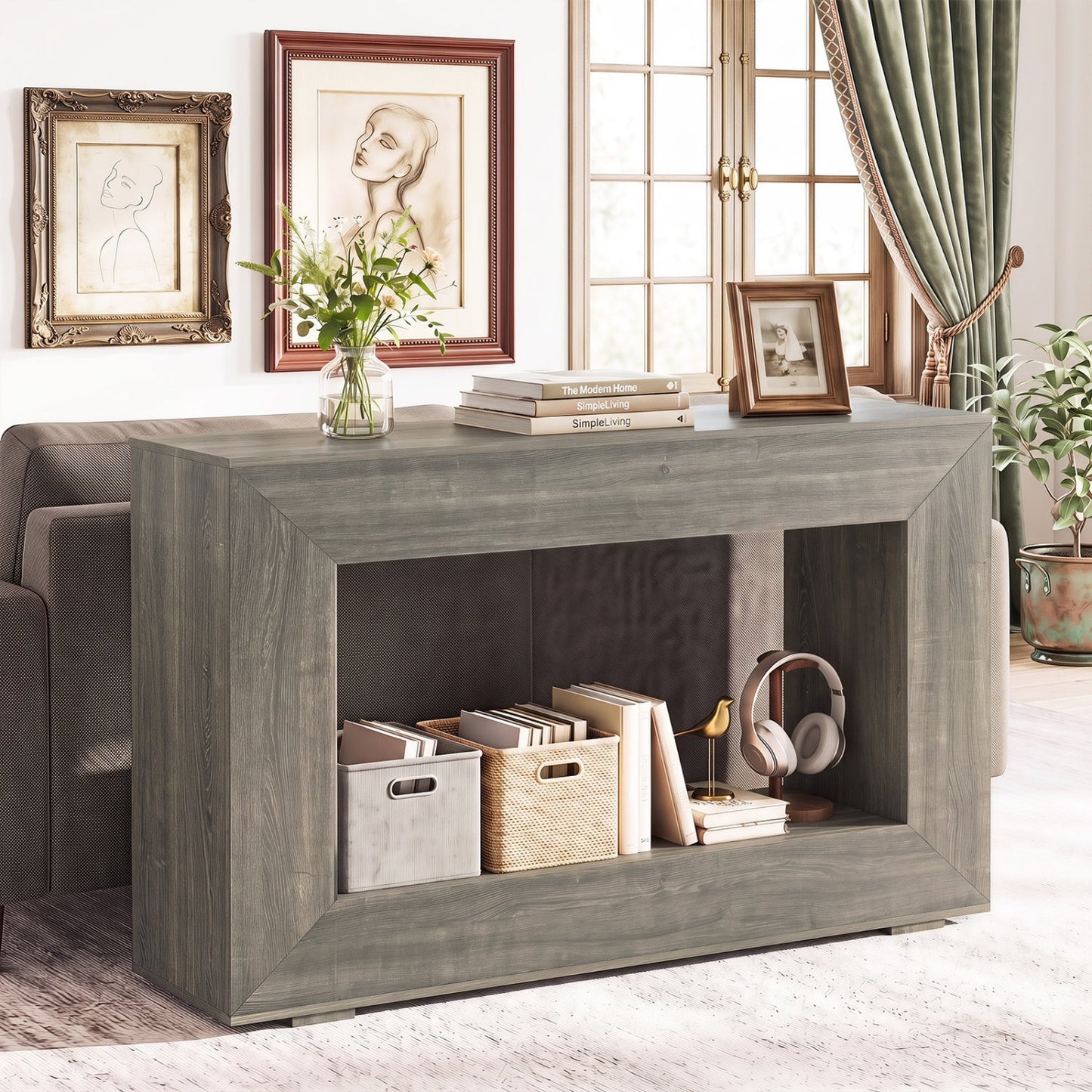 47" Farmhouse Console Table with 2-Tier Open Storage Shelf