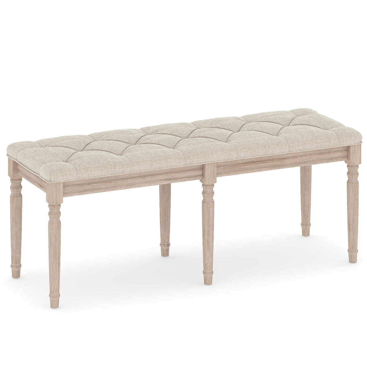 47.5 Inch Upholstered Bench with Carved Rubber Wood Legs and Padded Seat-Beige