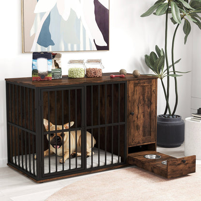 47.5 inch Dog Crate Furniture with Hidden Pull-out Bowls in Drawer for Small and Medium Dogs-Rustic Brown