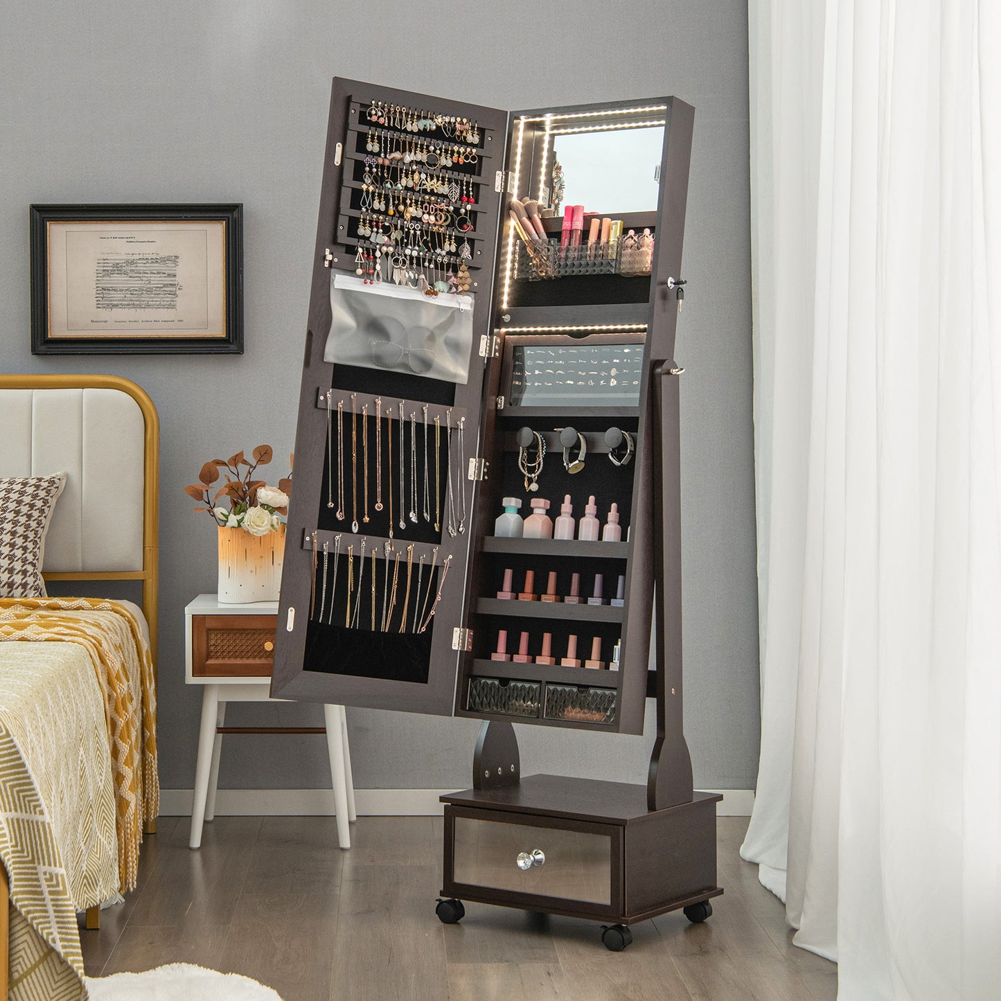 Lockable Jewelry Armoire Cabinet with Full-Length Mirror & LED
