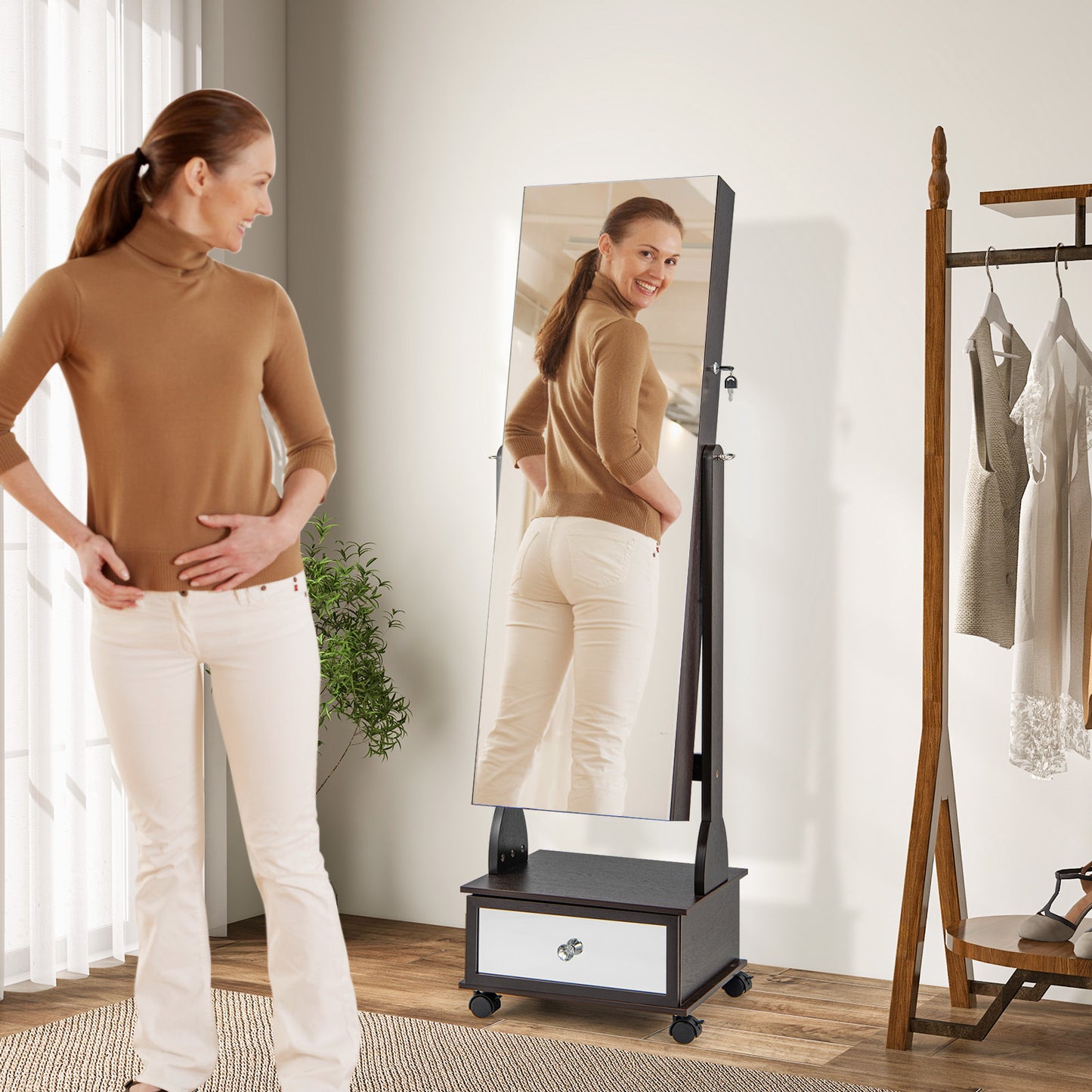 Lockable Jewelry Armoire Cabinet with Full-Length Mirror & LED