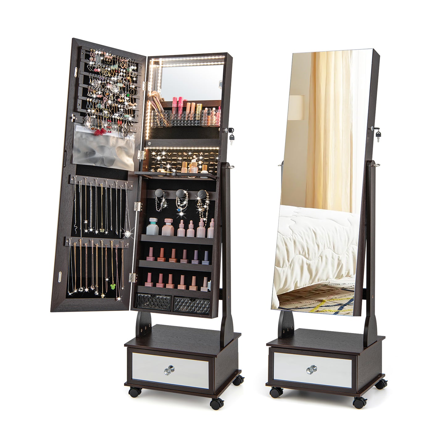 Lockable Jewelry Armoire Cabinet with Full-Length Mirror & LED