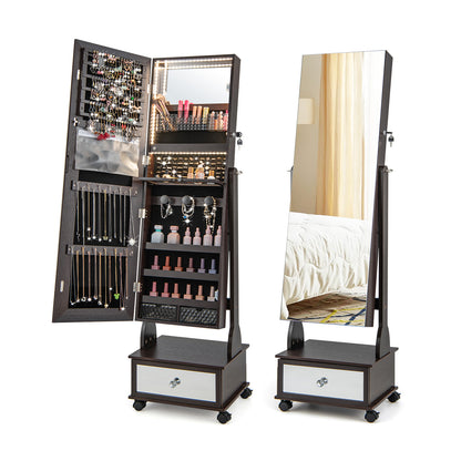Lockable Jewelry Armoire Cabinet with Full-Length Mirror & LED