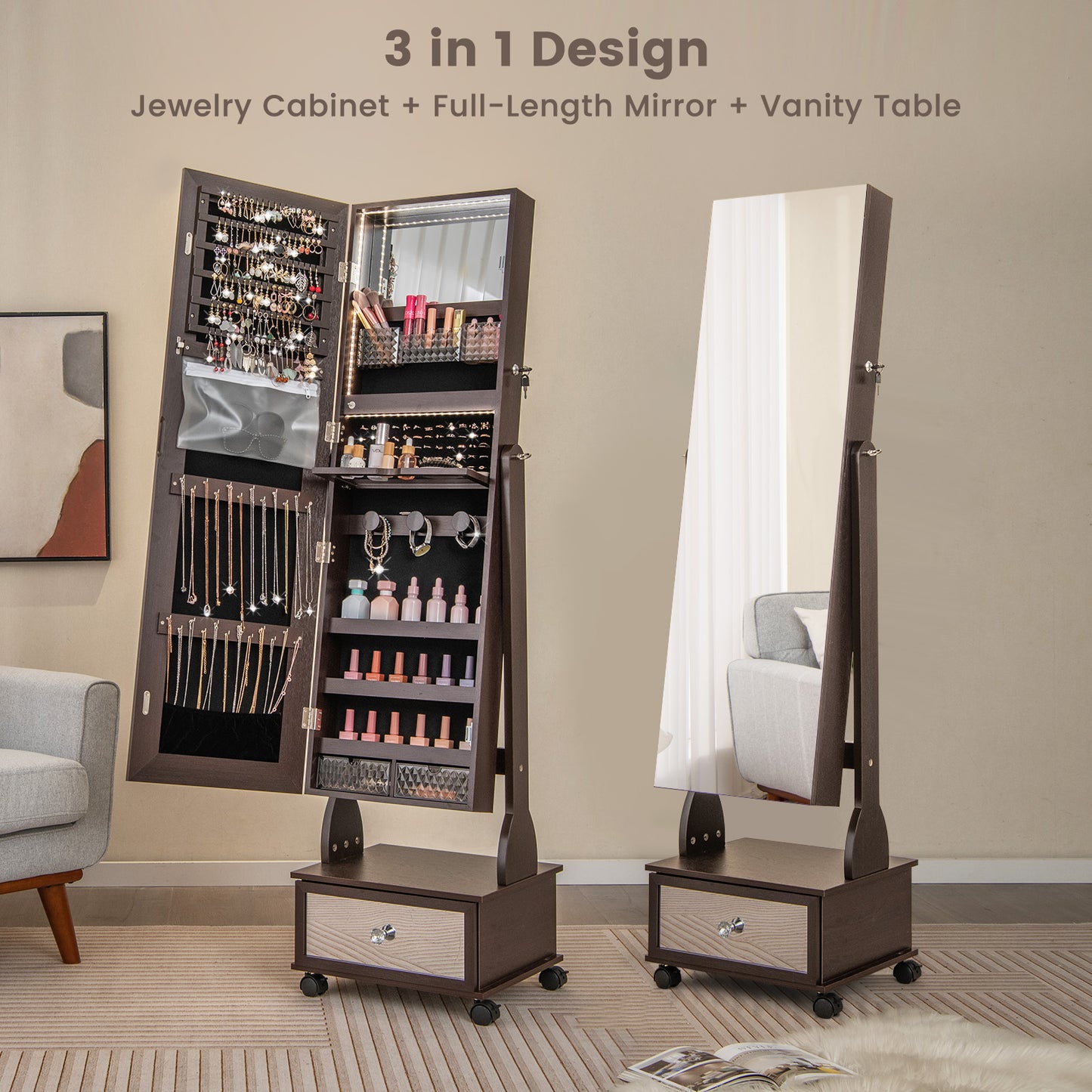 Lockable Jewelry Armoire Cabinet with Full-Length Mirror & LED