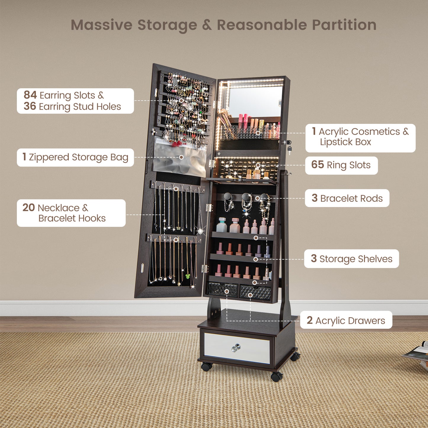 Lockable Jewelry Armoire Cabinet with Full-Length Mirror & LED