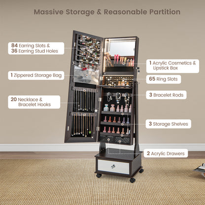 Lockable Jewelry Armoire Cabinet with Full-Length Mirror & LED