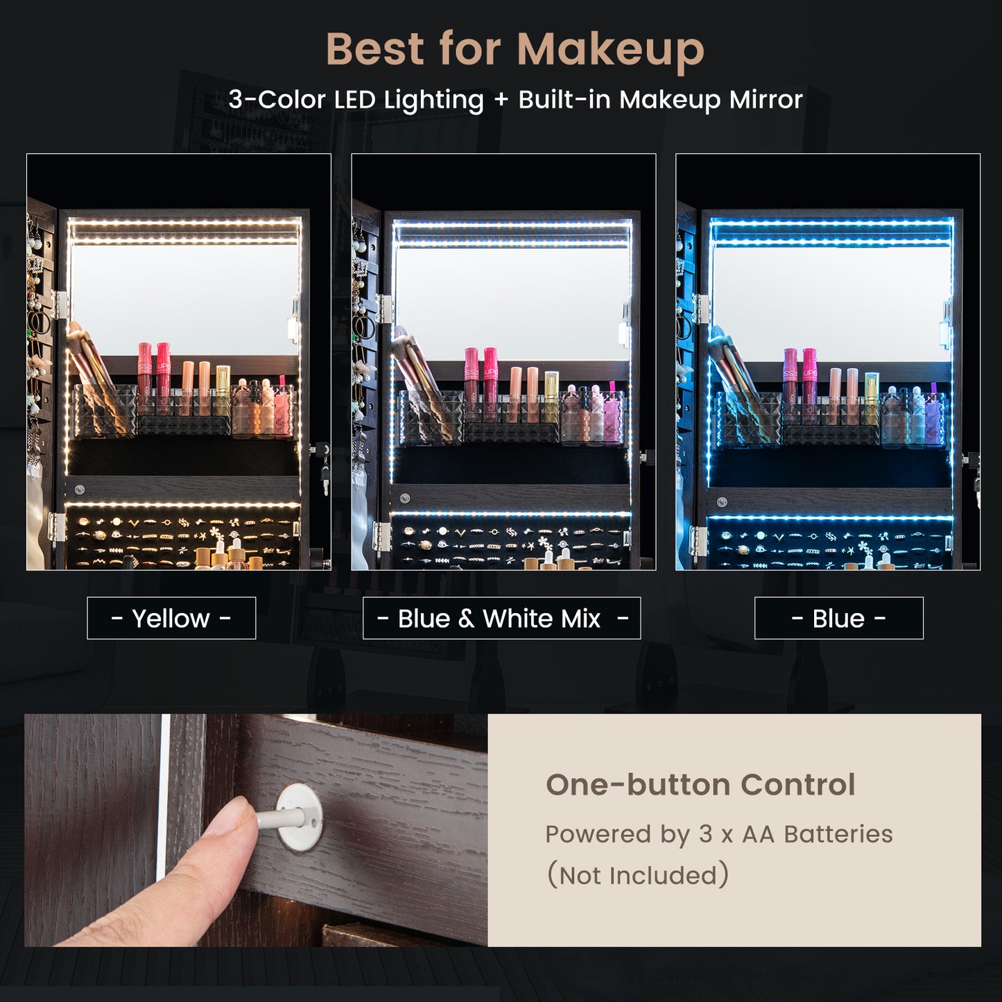 Lockable Jewelry Armoire Cabinet with Full-Length Mirror & LED