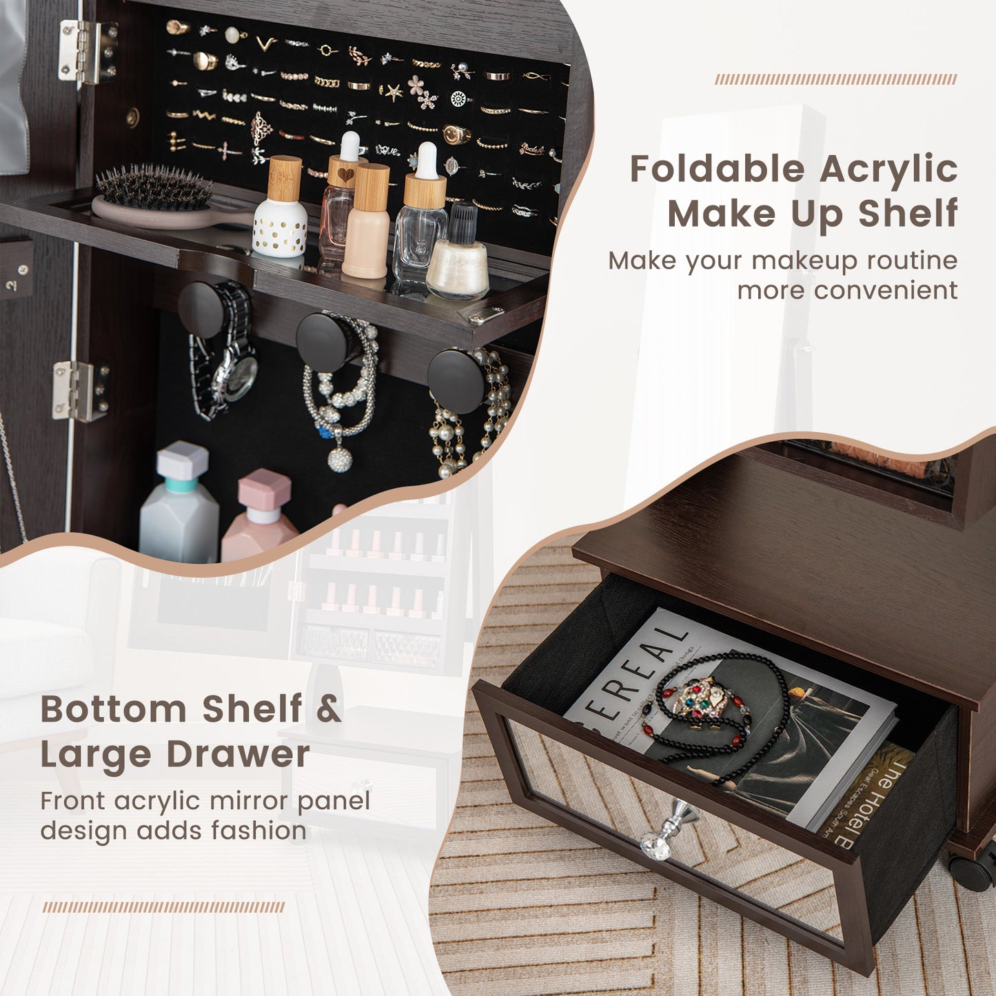 Lockable Jewelry Armoire Cabinet with Full-Length Mirror & LED