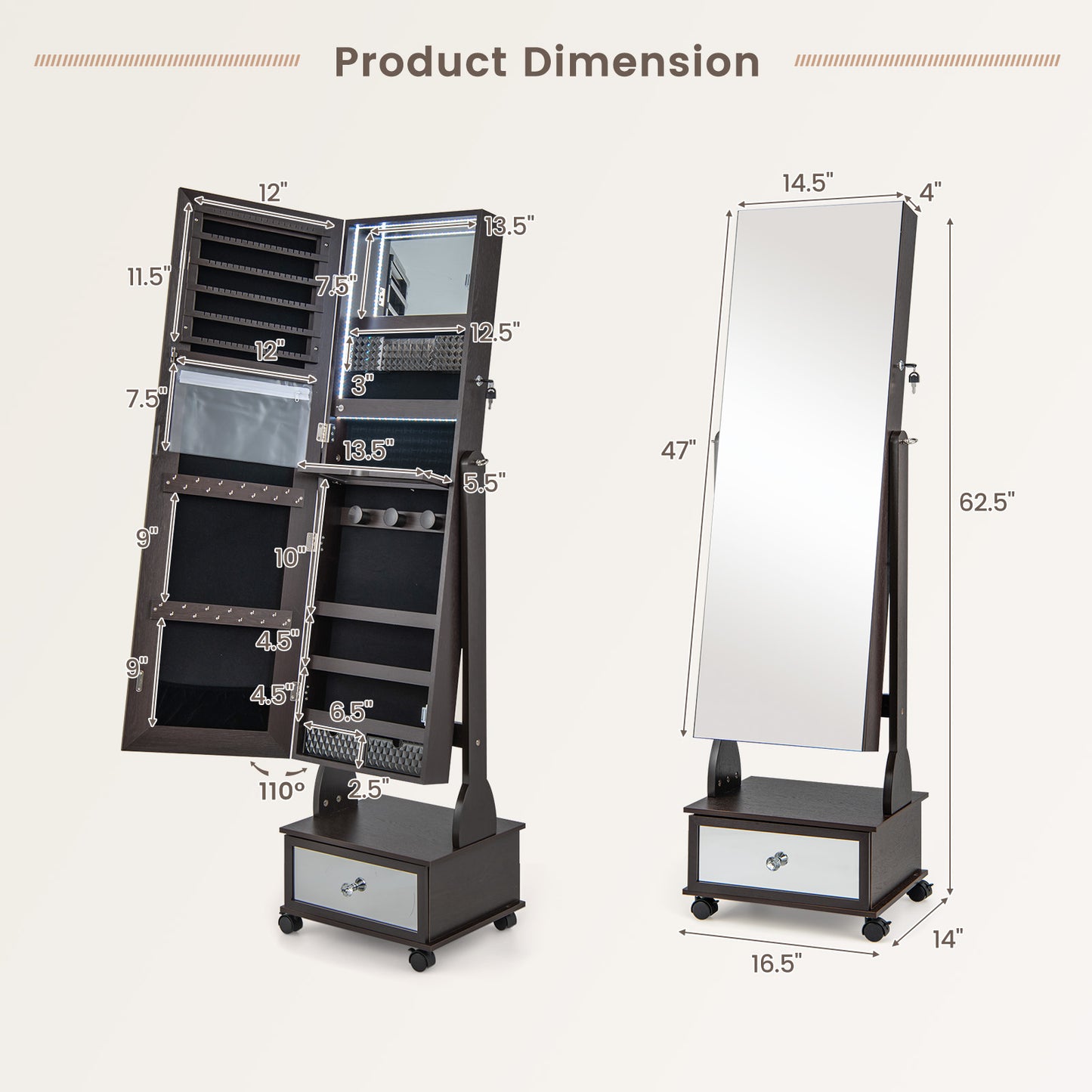 Lockable Jewelry Armoire Cabinet with Full-Length Mirror & LED