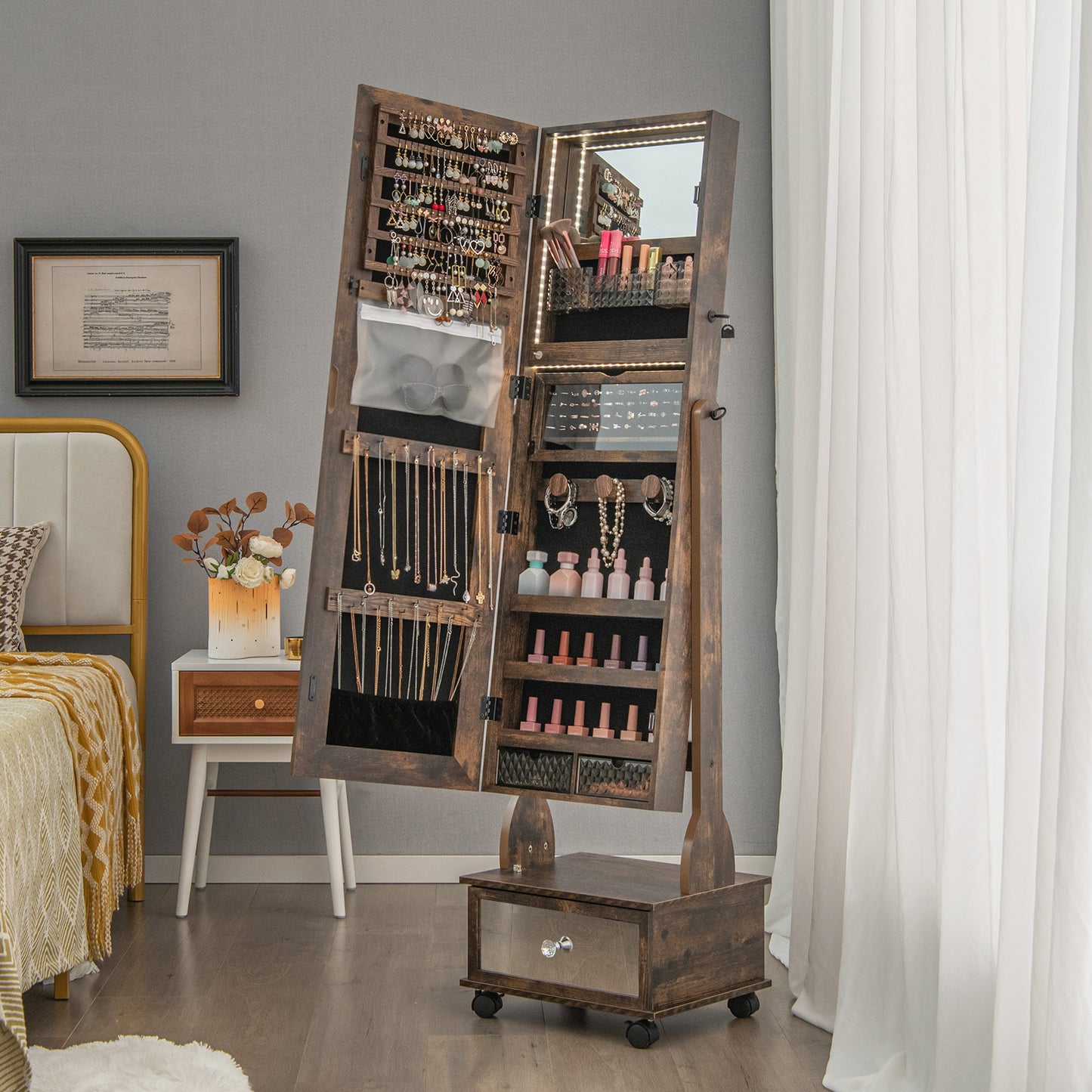 Lockable Jewelry Armoire Cabinet with Full-Length Mirror & LED
