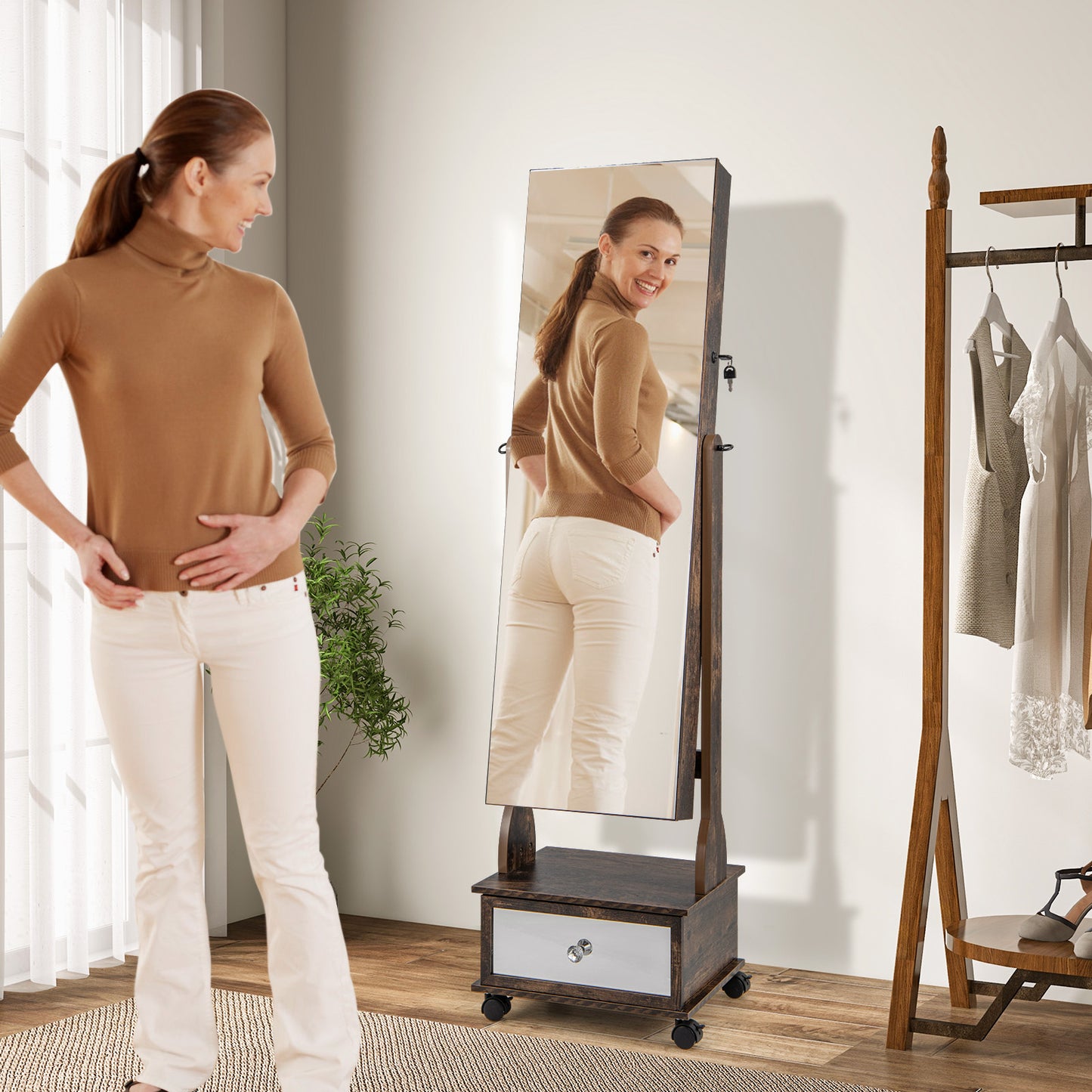Lockable Jewelry Armoire Cabinet with Full-Length Mirror & LED