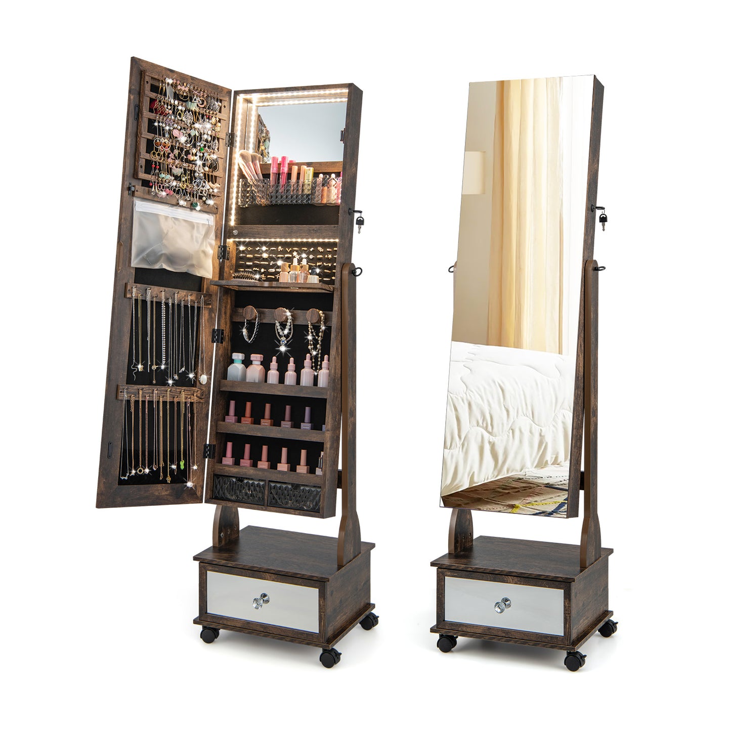 Lockable Jewelry Armoire Cabinet with Full-Length Mirror & LED