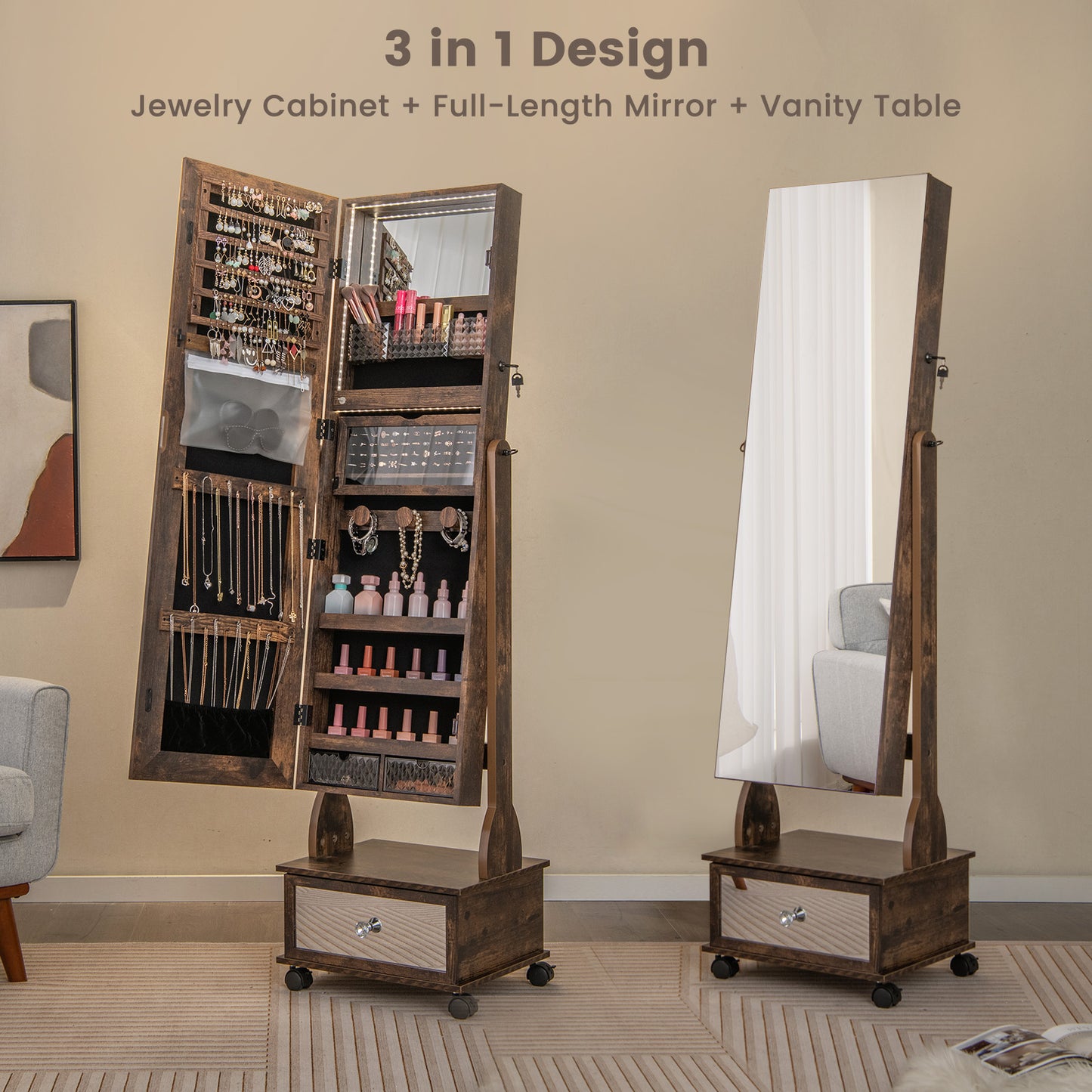 Lockable Jewelry Armoire Cabinet with Full-Length Mirror & LED
